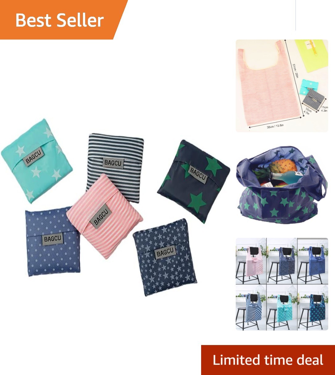 Foldable Reusable Shopping Bags 6-Pack – Water-Resistant & Zipper Pocket Design