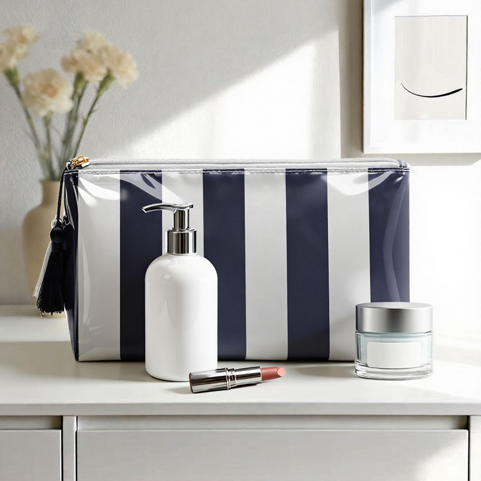 Fozira Makeup Bag for Purse, Small(9.84in*4.33in*5.91in), Blue+White Striped