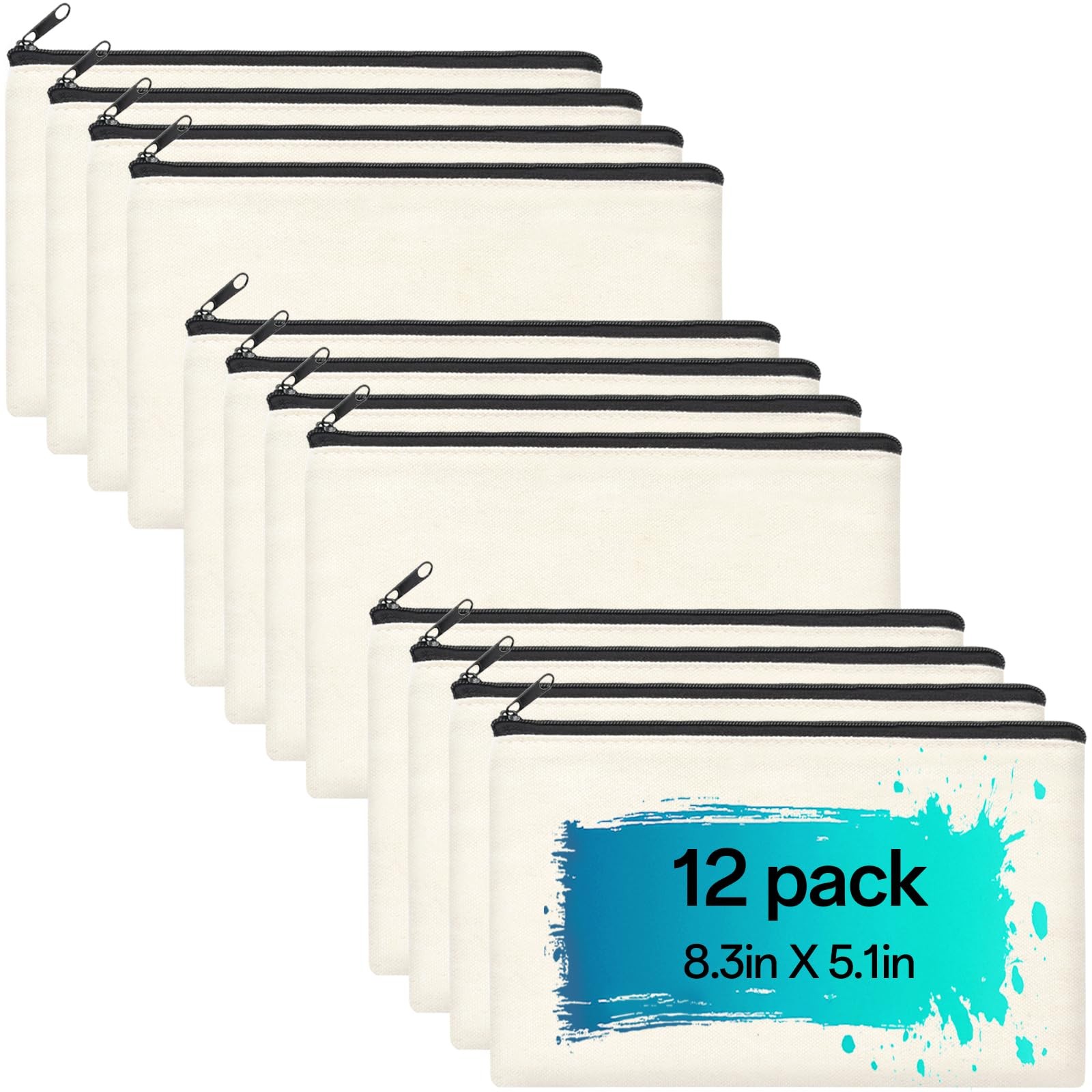 ZeeDix 12-Piece Canvas Pouch Bulk – Beige Blank DIY 8.3 x 5.1 inches,