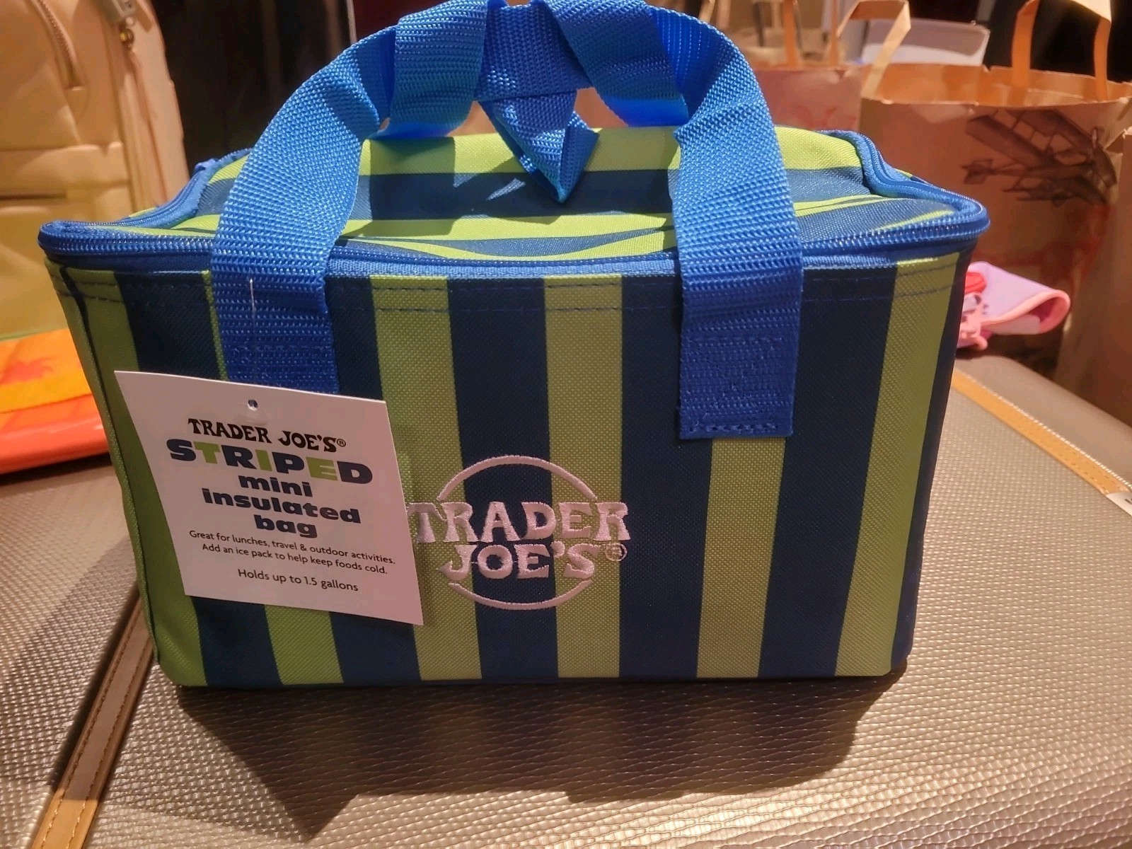 One Trader Joe’s Mini Insulated Bag Cooler Striped 1.5 Gal Navy Green