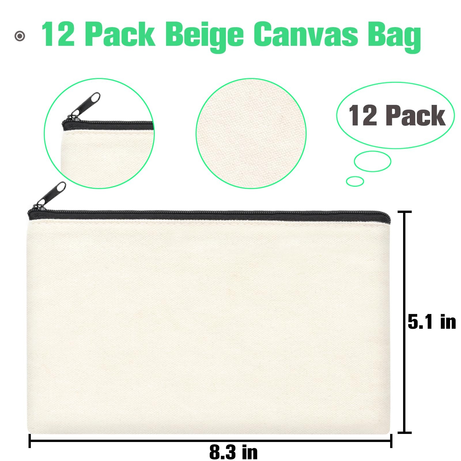 ZeeDix 12-Piece Canvas Pouch Bulk – Beige Blank DIY 8.3 x 5.1 inches,