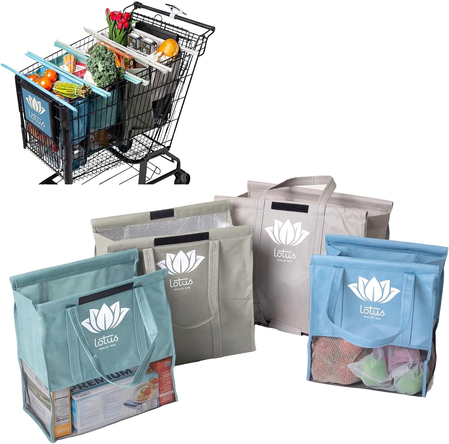 Lotus Earth Tone Trolley Reusable Shopping Bags (4-Pack) – Detachable & Reusable