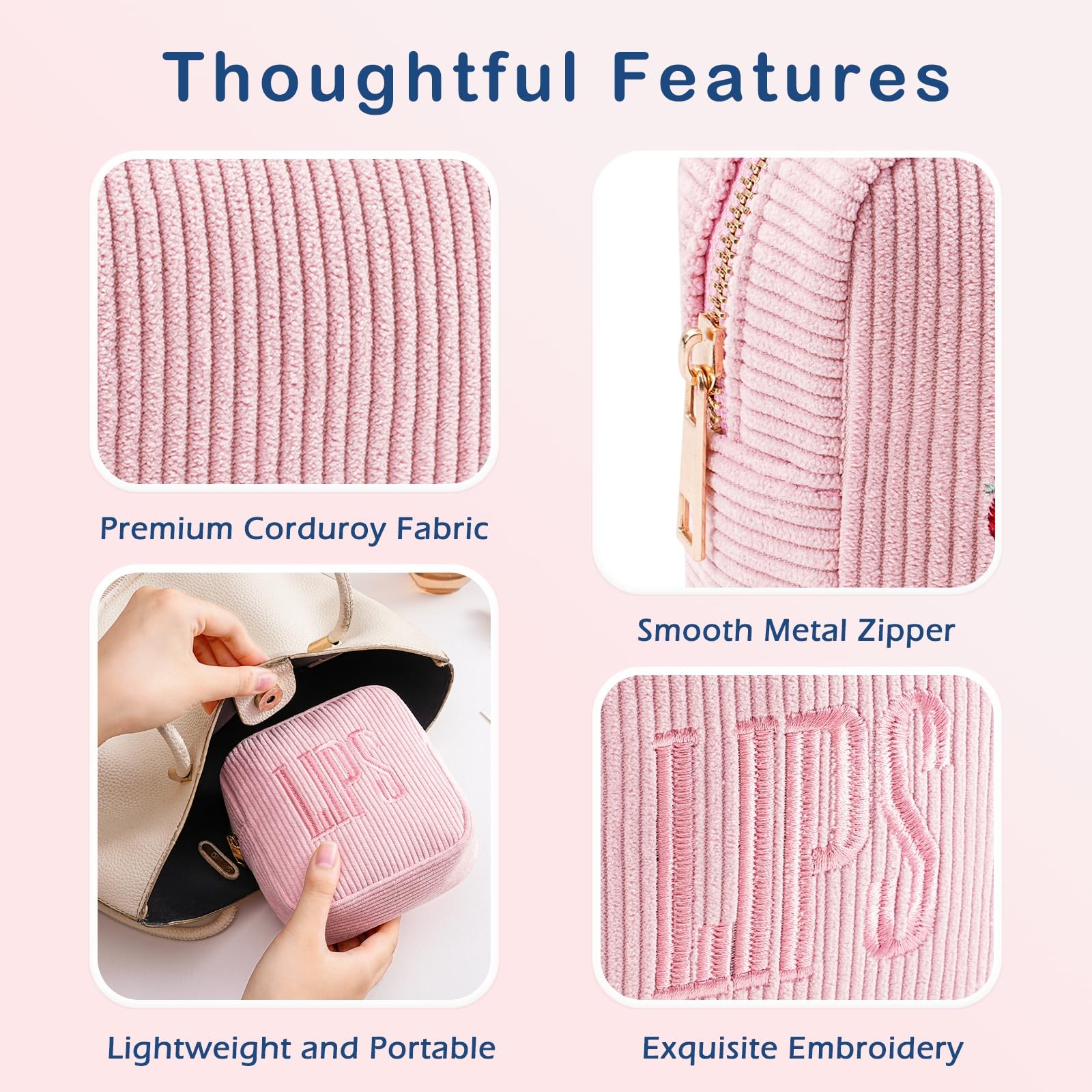 Lestikave Small Makeup Bag for Purse，Personalized Mini Corduroy 01Pink LIPS