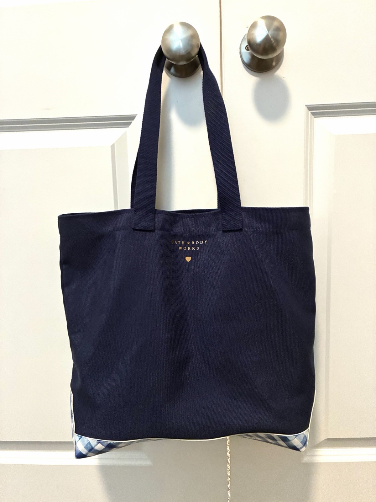 Bath & Body Works Navy Blue Canvas Checked Foldable Large Reusable Shopping Bag