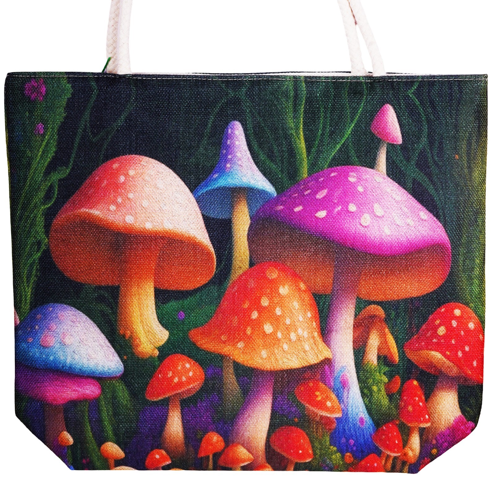 Garden of Mushrooms Jute Tote Bag – 17 x 15 x 4.5″ Eco-Friendly Shoulder Bag