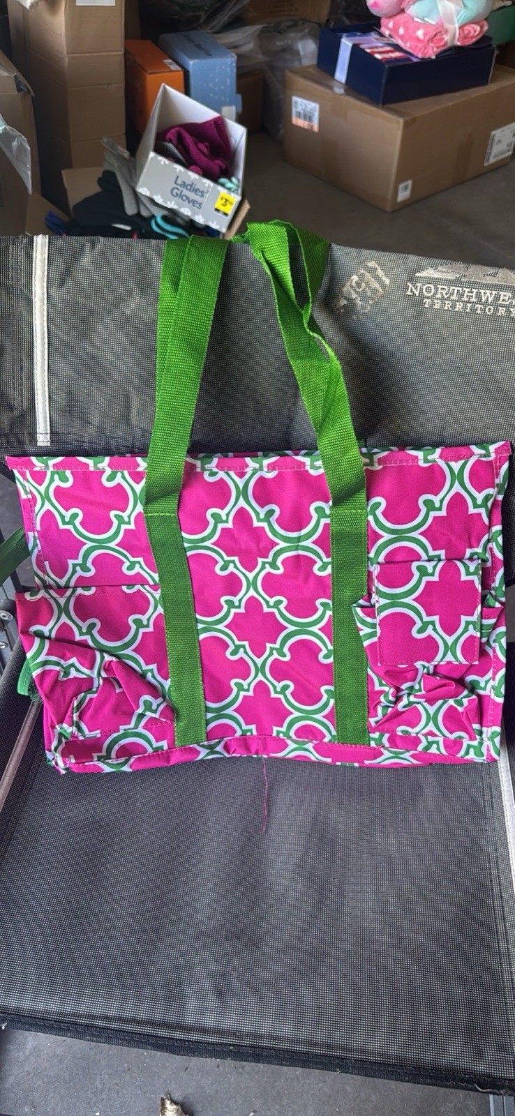 Pink/Green/White Geometric Reusable Shopping Tote Bag w/ Handles 16x12x3