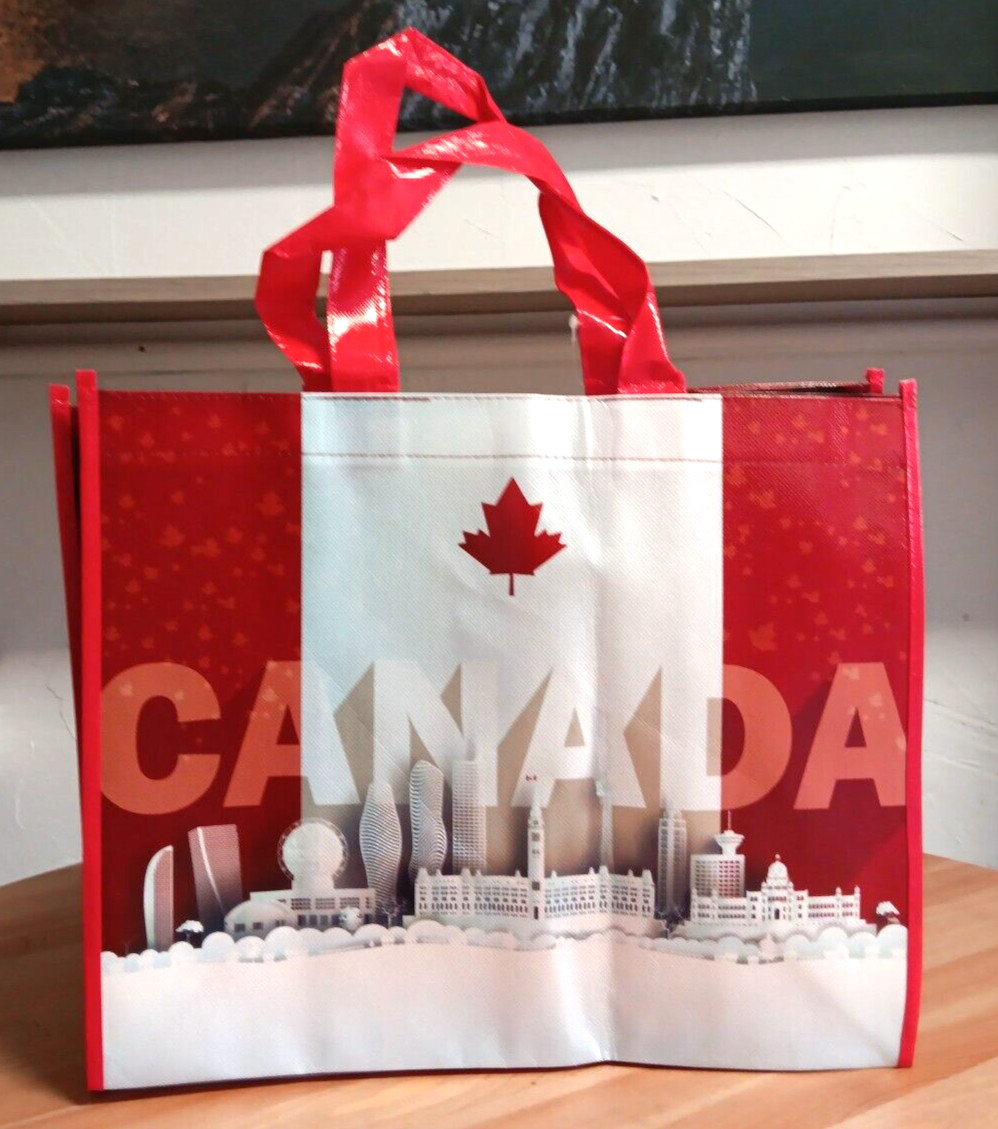 Canada Daiso Reusable Shopping Bag Tote Red Maple Leaf White 15 x 12.5 inch