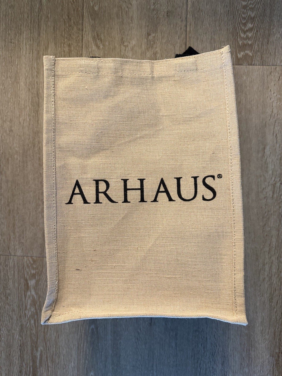 NWOT ARHAUS Jute Beige Tan Black Logo Reusable Shopping Gift Bag 13″x9.5””x7”