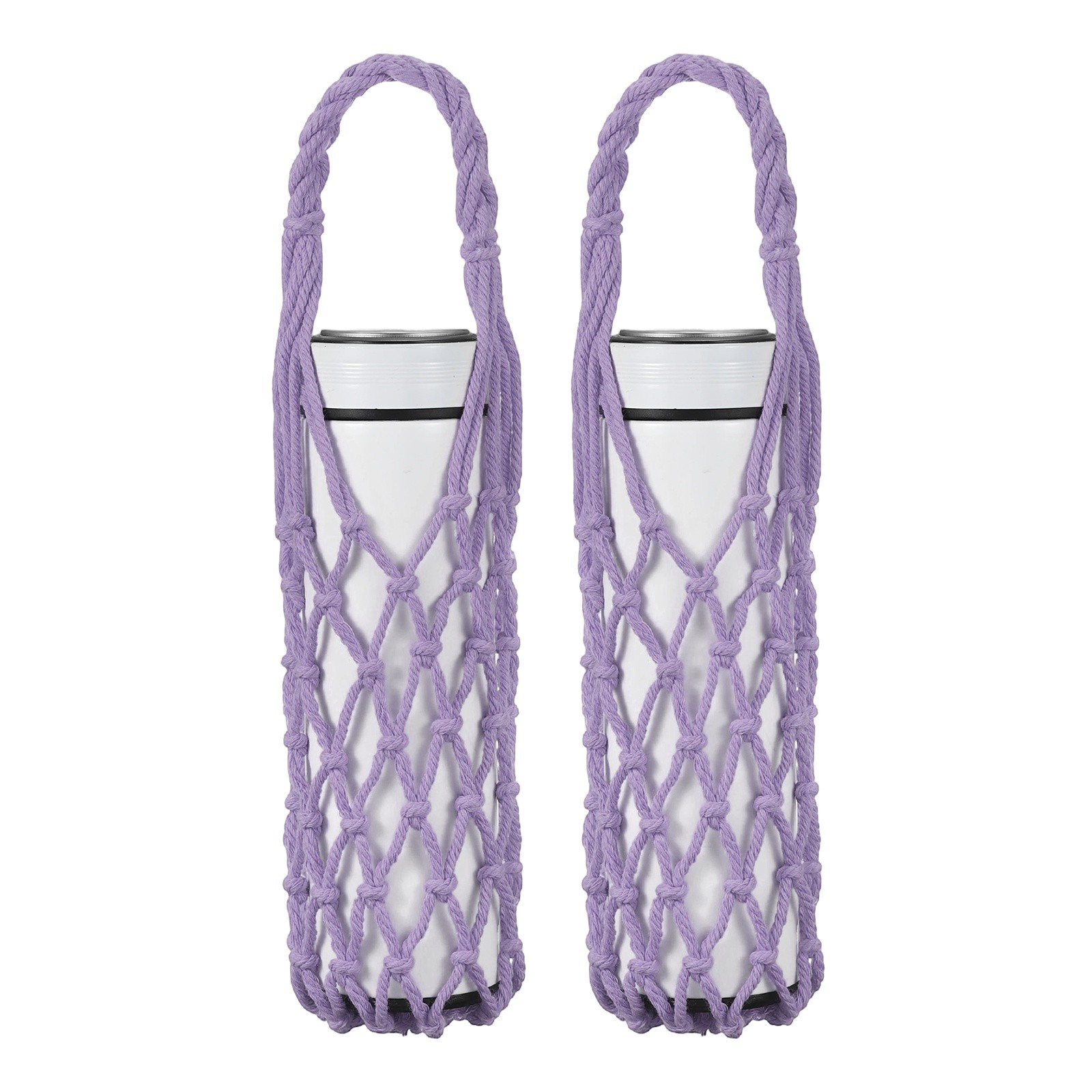 2 Pcs Crochet Water Bottle Carrier Bag for Hiking Shopping (Light Purple)