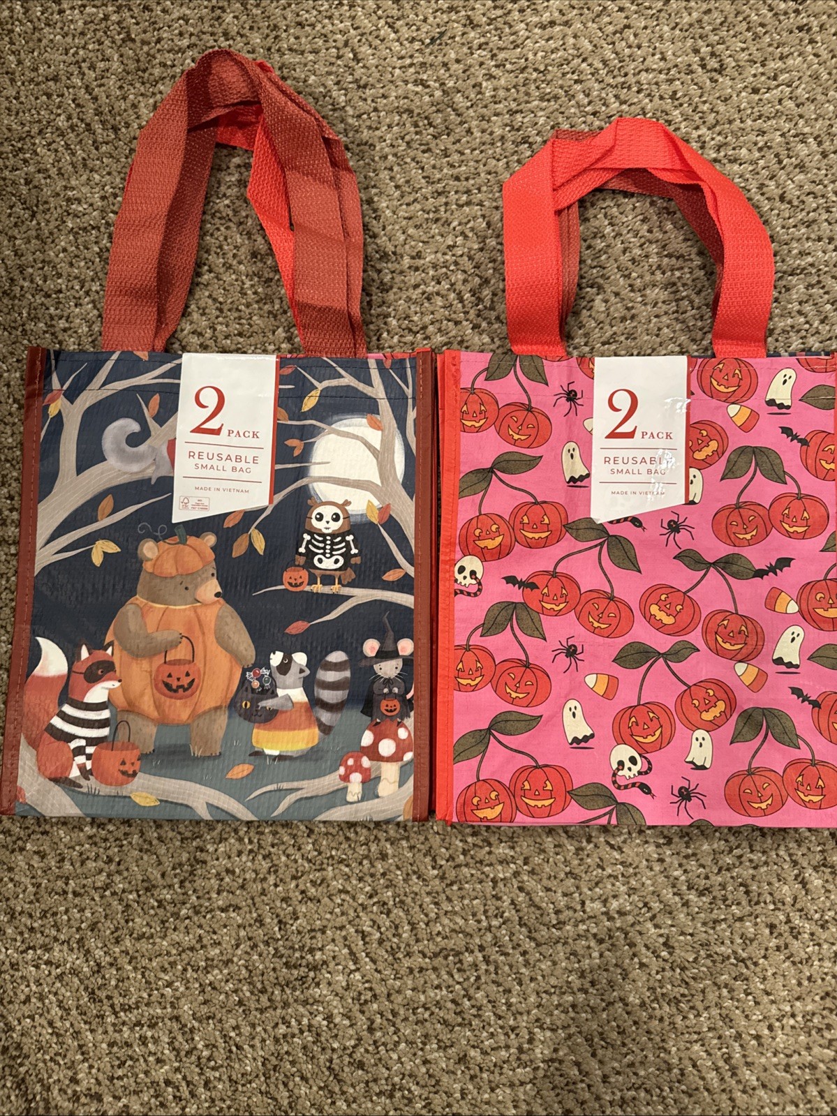 Halloween Themed Reusable Mini Market Tote Bags 2 Sets (4 Total) 11x10x5 NWT