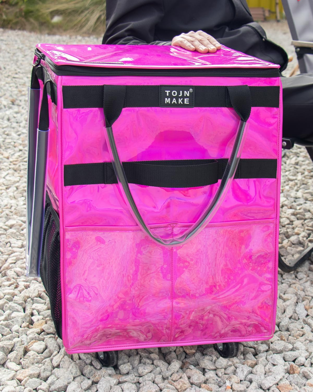 Glitter Red Heavy Duty Reusable Grocery Bag on Wheels with 8 Pockets