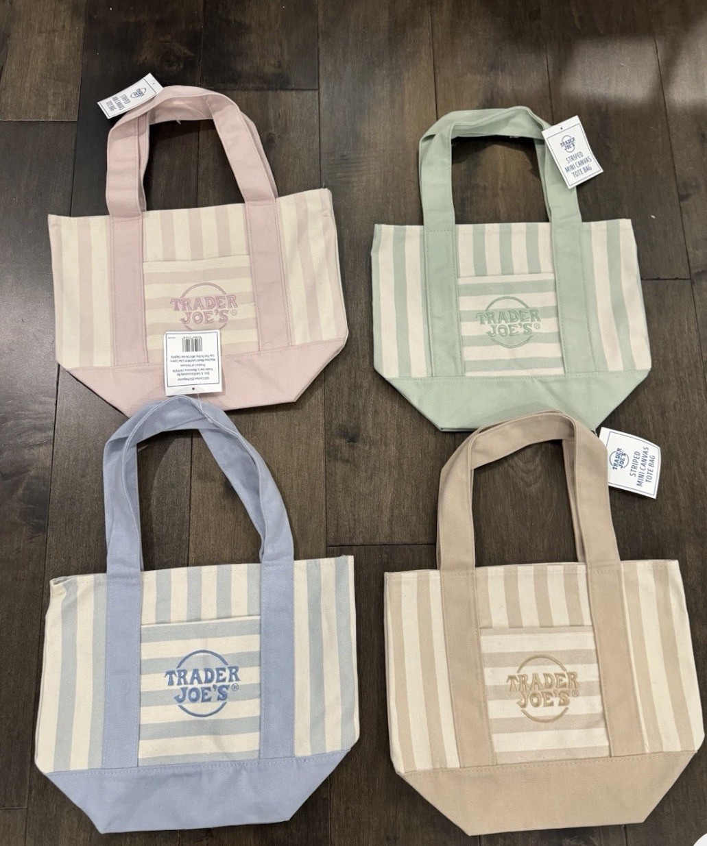 TRADER JOE’S MINI PASTEL STRIPE CANVAS TOTE BAGS SET Of 4 PINK BLUE GREEN BEIGE