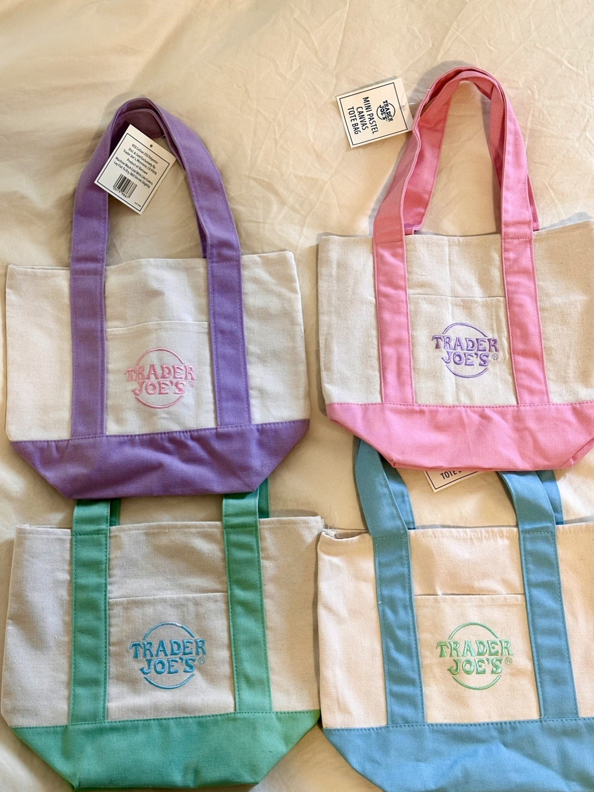 Trader Joes Mini Tote Bag Canvas Pastel Spring Pocket Cotton Easter SET of 4 NWT