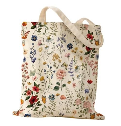 Aesthetic Canvas Tote Bag – Reusable Shoulder Tote Bag for Flowering Shrub