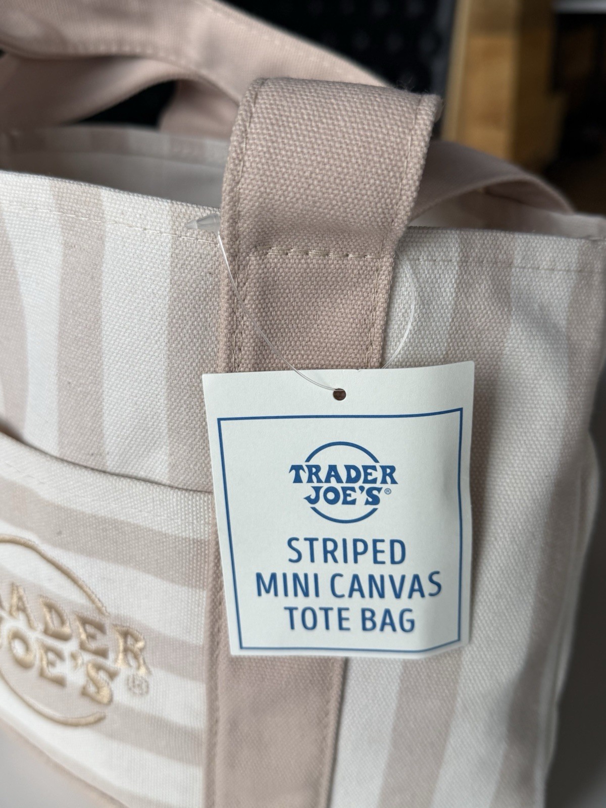 (1) Trader Joe’s Canvas Mini Tote Bags – Pastel Tan Beige Striped bag
