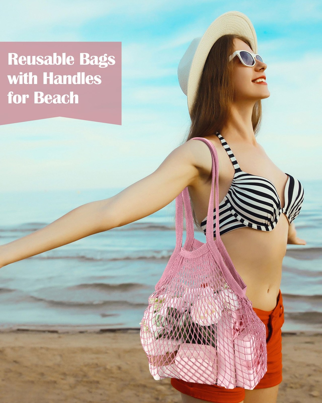 12 PCS Reusable Cotton Mesh Grocery Bag Farmers Shopping Portable Tote Pink