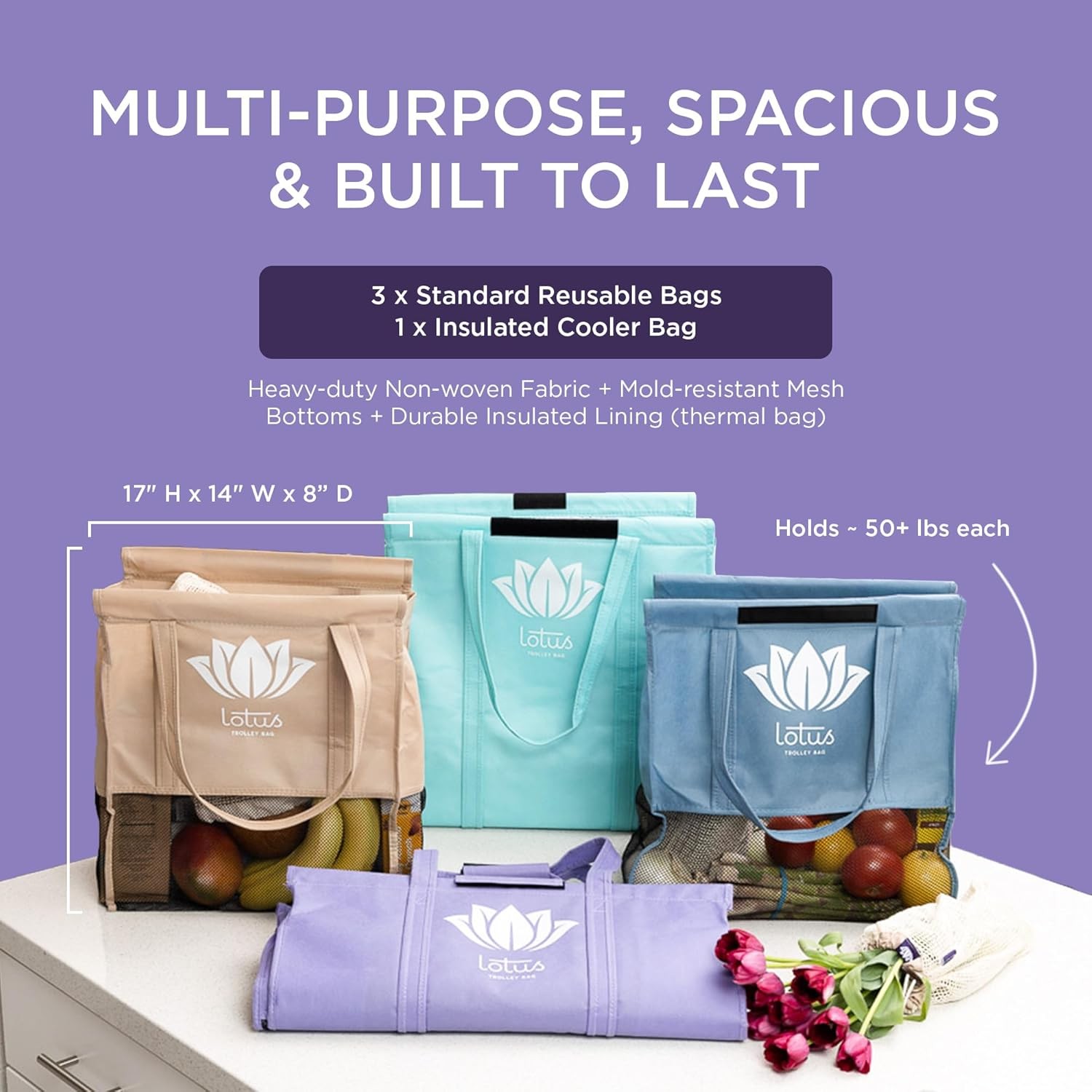 Lotus 4-Pack Reusable Trolley Shopping Bags w/ Insulated & Egg/Wine Holder