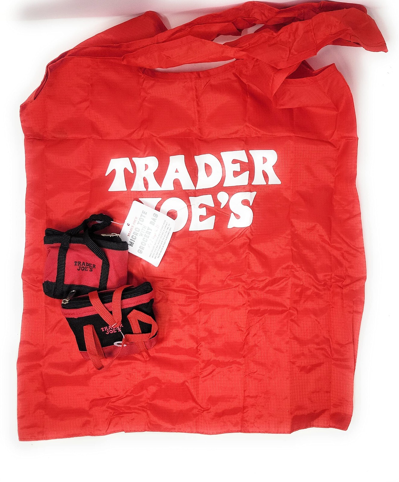 New Trader Joe’s Red Black Mini Micro Tote Folded 2 in 1 Reusable Shopping Bag