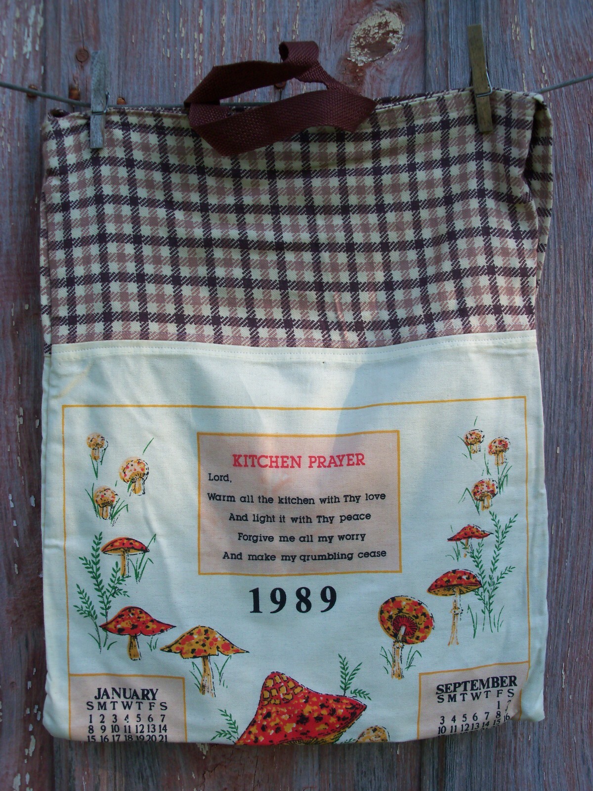 Vintage 1989 Mushroom Calendar Recycled Tote Bag Grocery Shopping