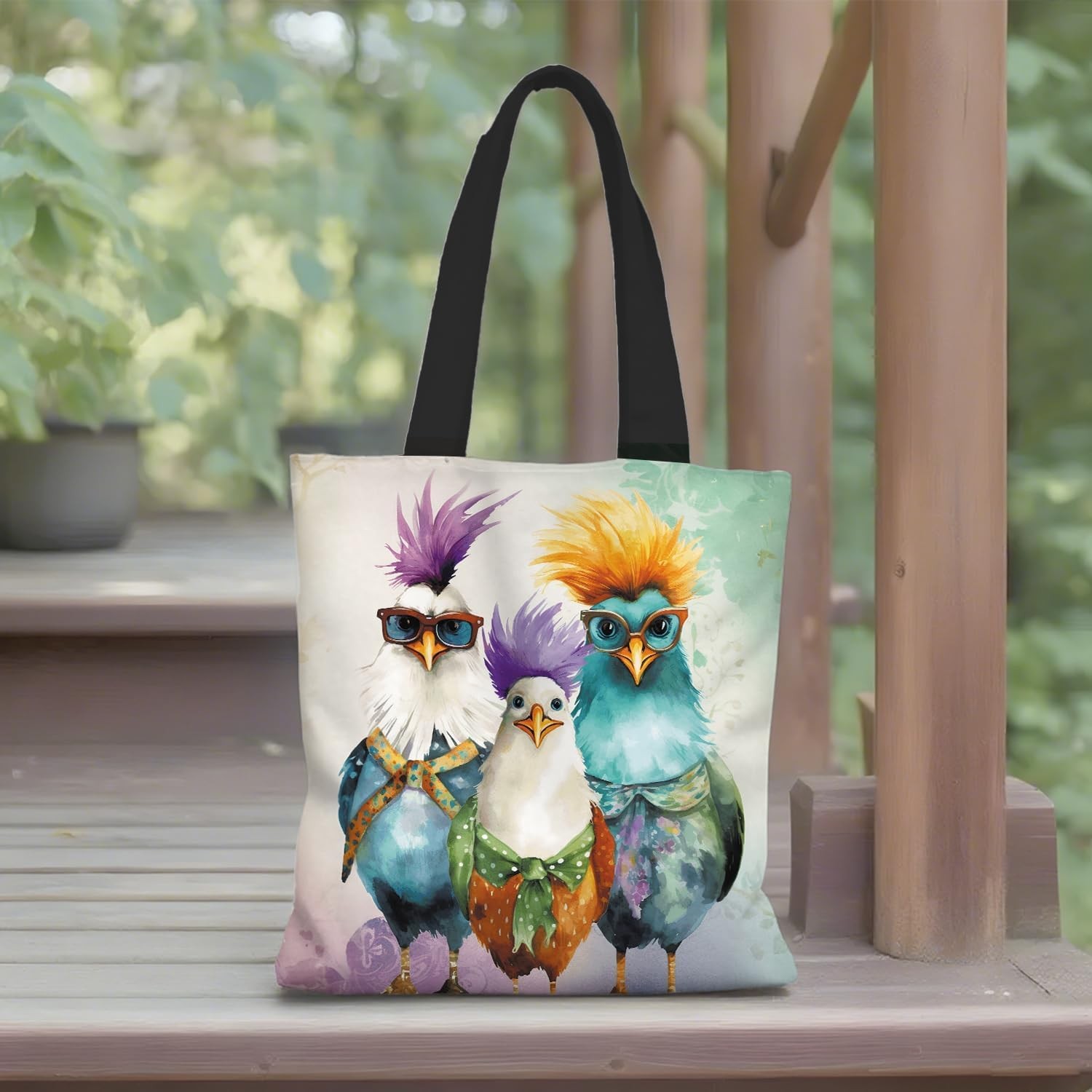 Funky Chicken Canvas Tote Bag – Double-Sided Printed Colorful Shoulder Bag wi…