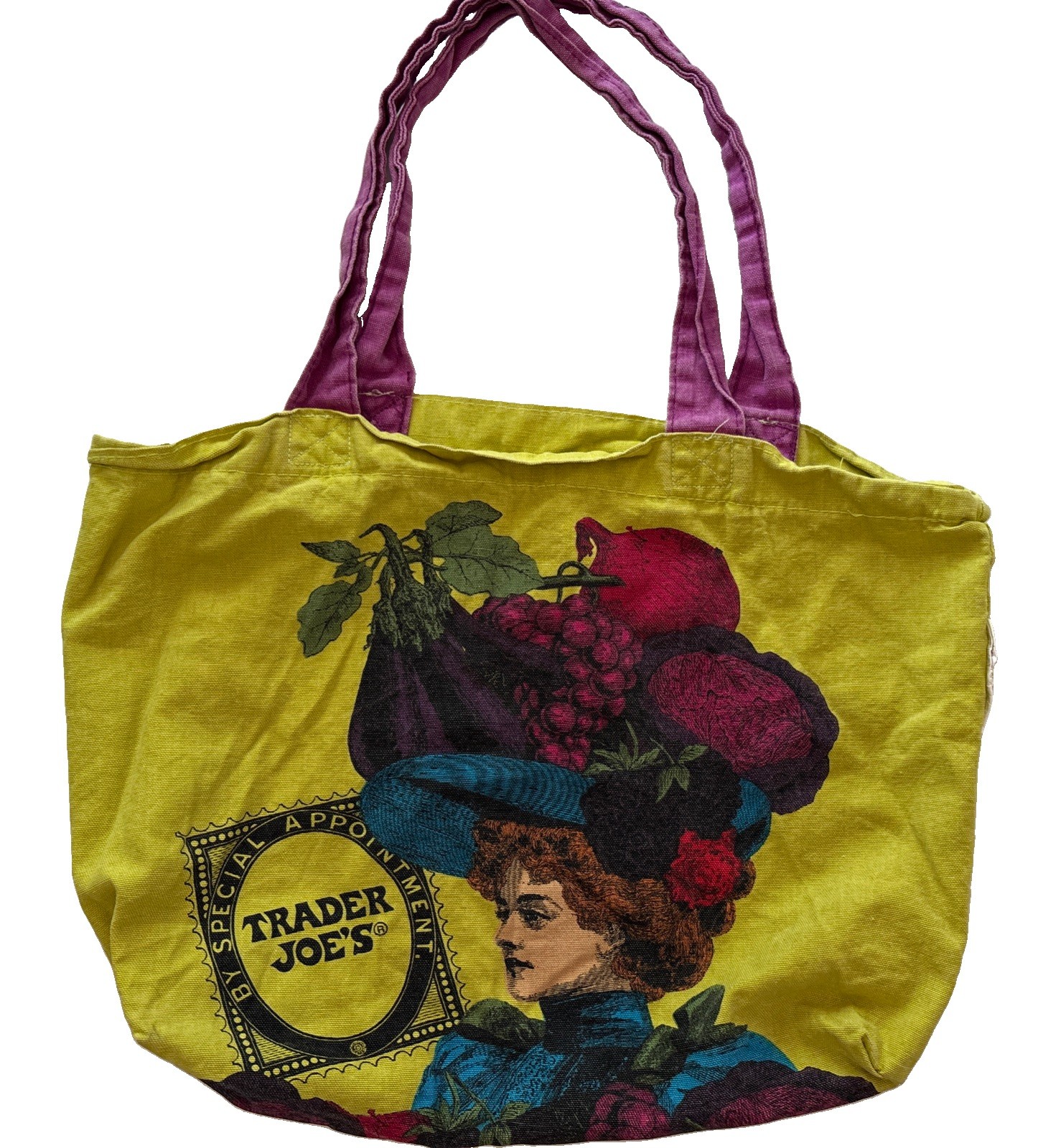 Vintage Trader Joe’s Reusable Canvas Bag Made In USA Fruit Lady Funky Art Tote