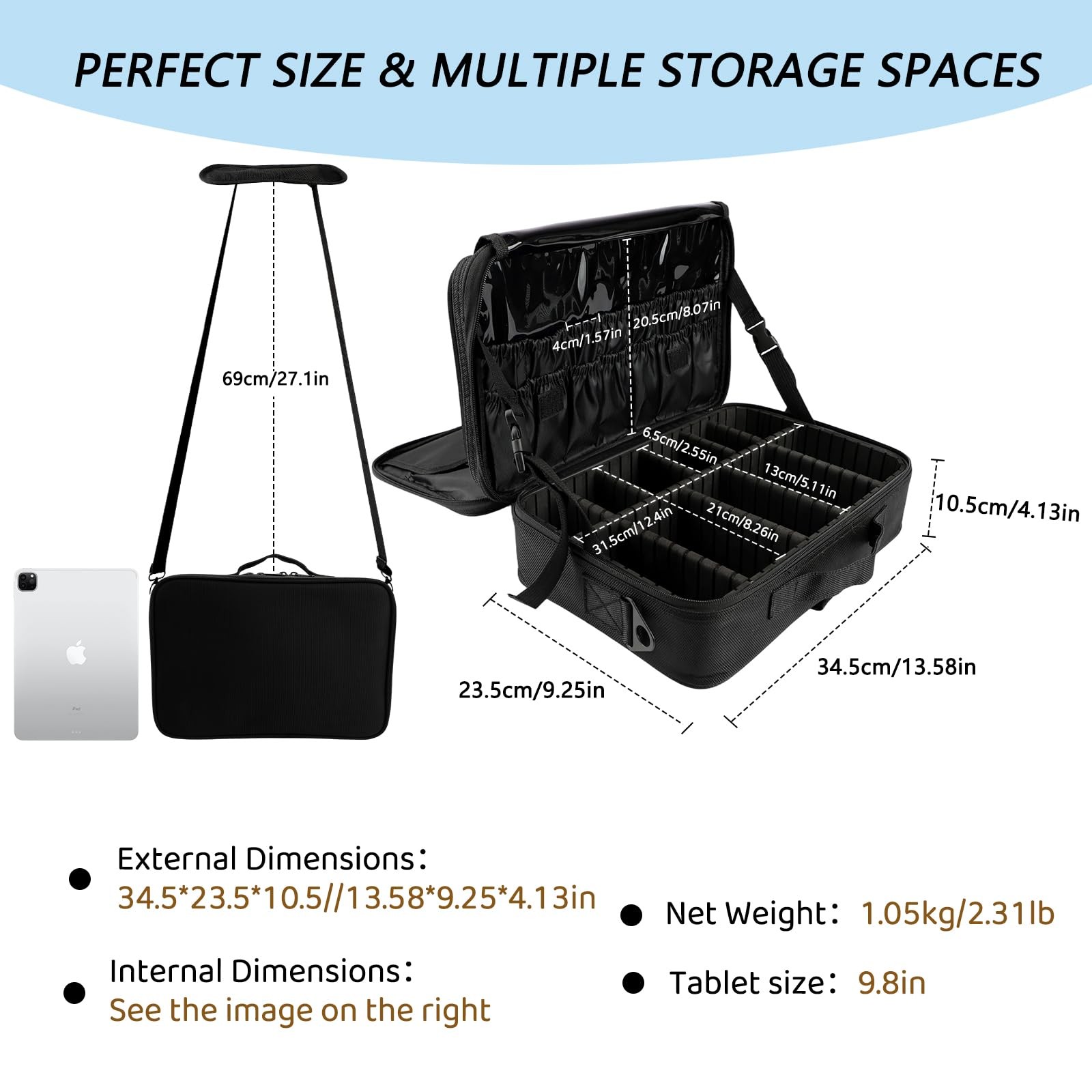 gzcz Travel Makeup Bag,Professional Medium, Black with Shoulder Strap