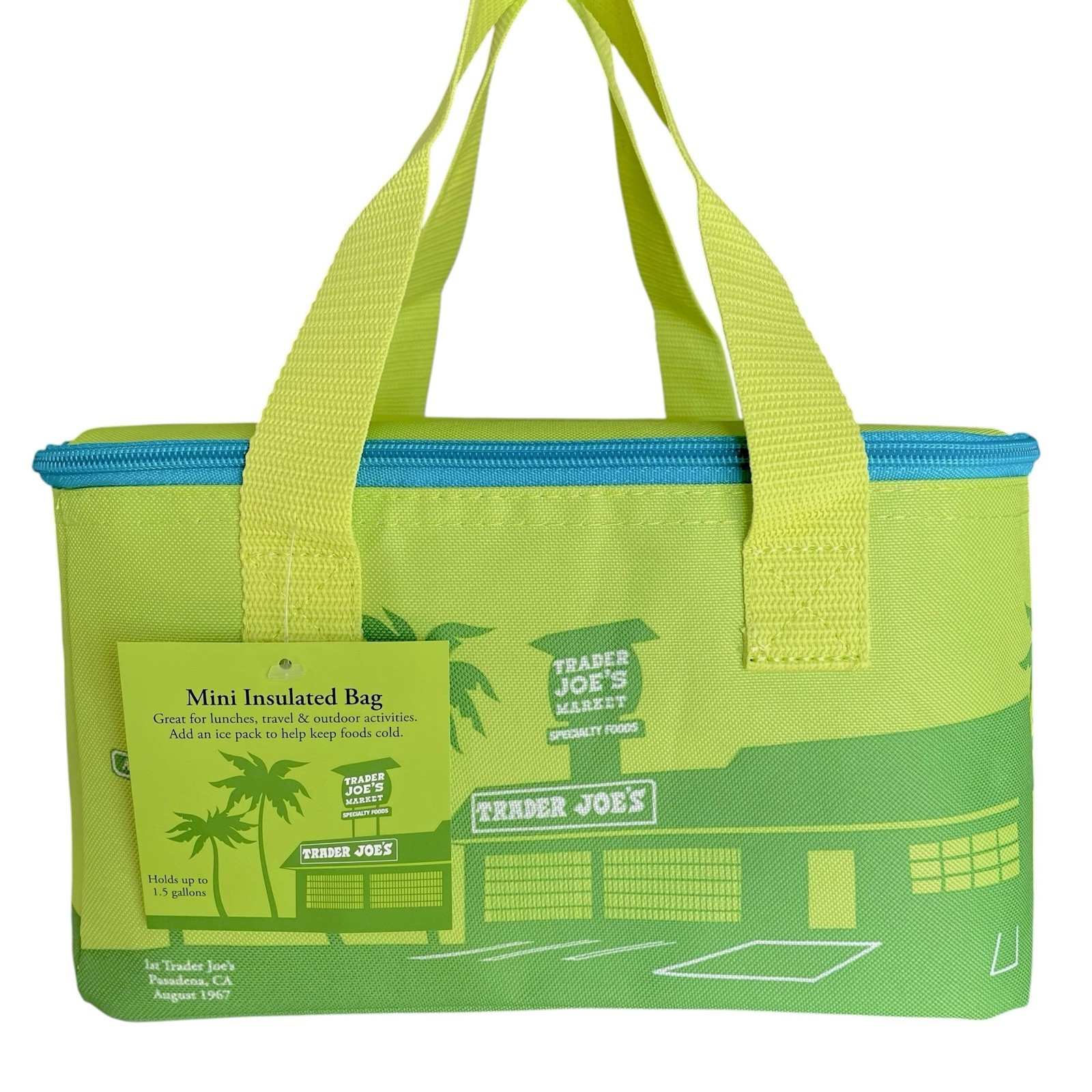 Trader Joes Insulated Mini Tote Bag Lunch Cooler Green Blue Foldable Limited NWT