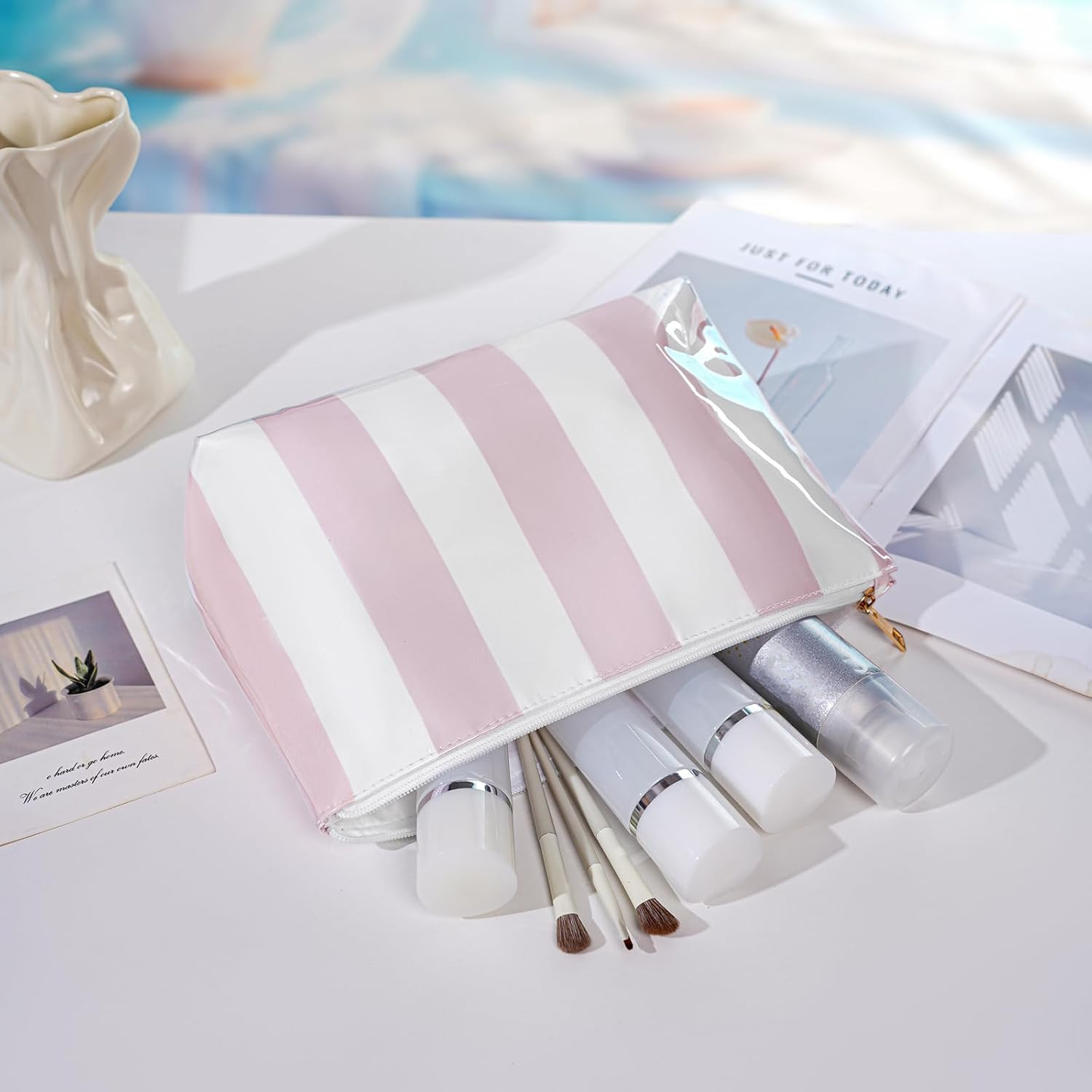 Large Waterproof PVC Beach Pool Makeup Bag with Pink Striated, Cute Cosmetic Acc