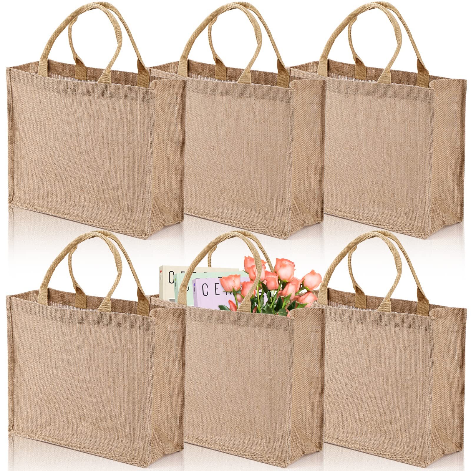 6 Pack Jute Tote Bag, Burlap Gift Tote with Handle, Grocery Shopping Bag for …