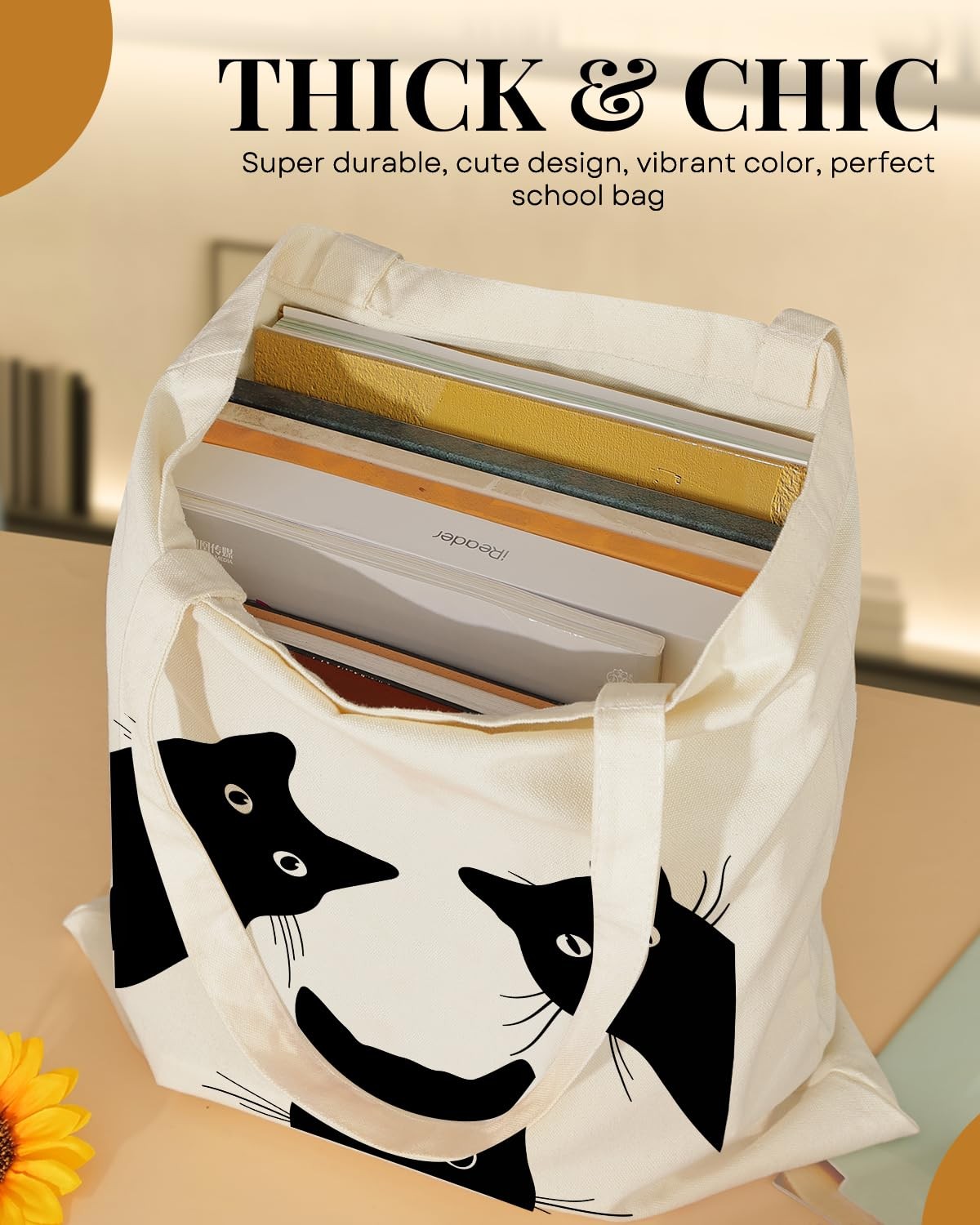 Canvas Tote Bag Aesthetic for Women, Cute Cat Reusable Cotton Cloth Cotton Ba