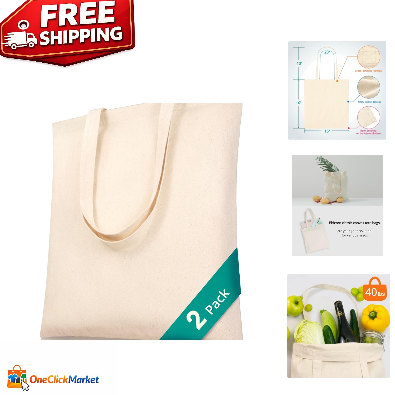 Classic 15×16 Canvas Tote Bag – 2 Pack, Customizable & Reusable | Eco-Friendly