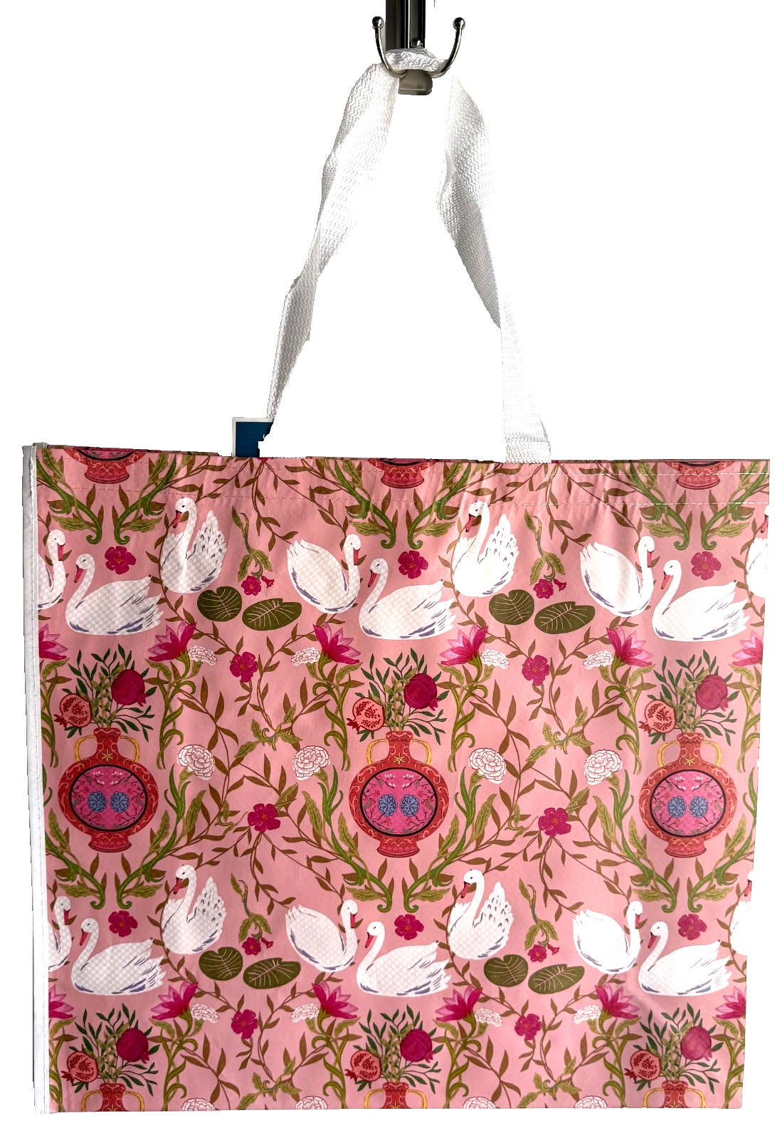 MARSHALLS REUSABLE LARGE TOTE SHOPPING BAG 20″ X 18″ SWAN LOTUS FLOWERS PINK NEW