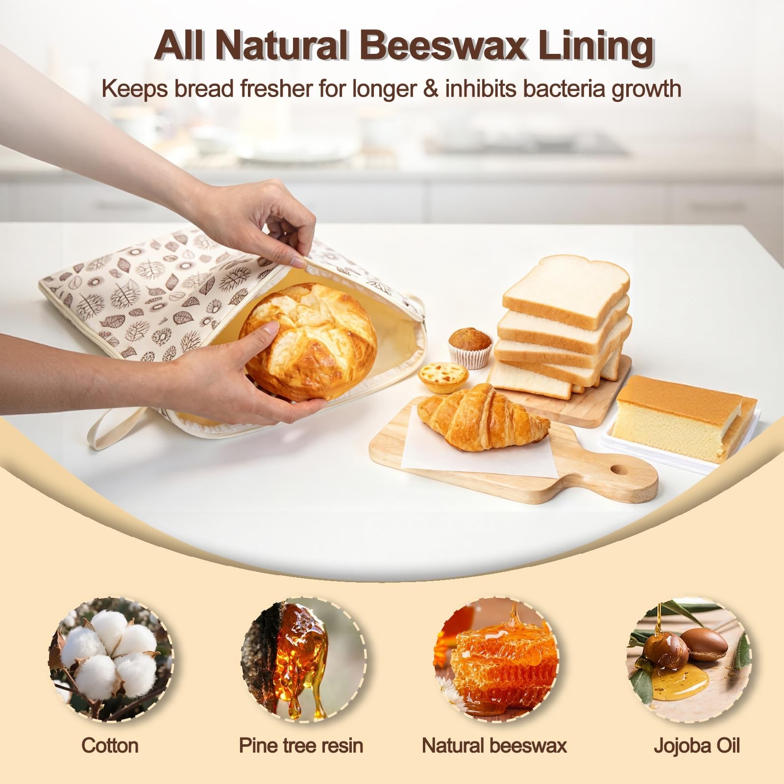 Wide Zipper Access Beeswax Bread Bags for X-Large, Leaf Printed Pattern