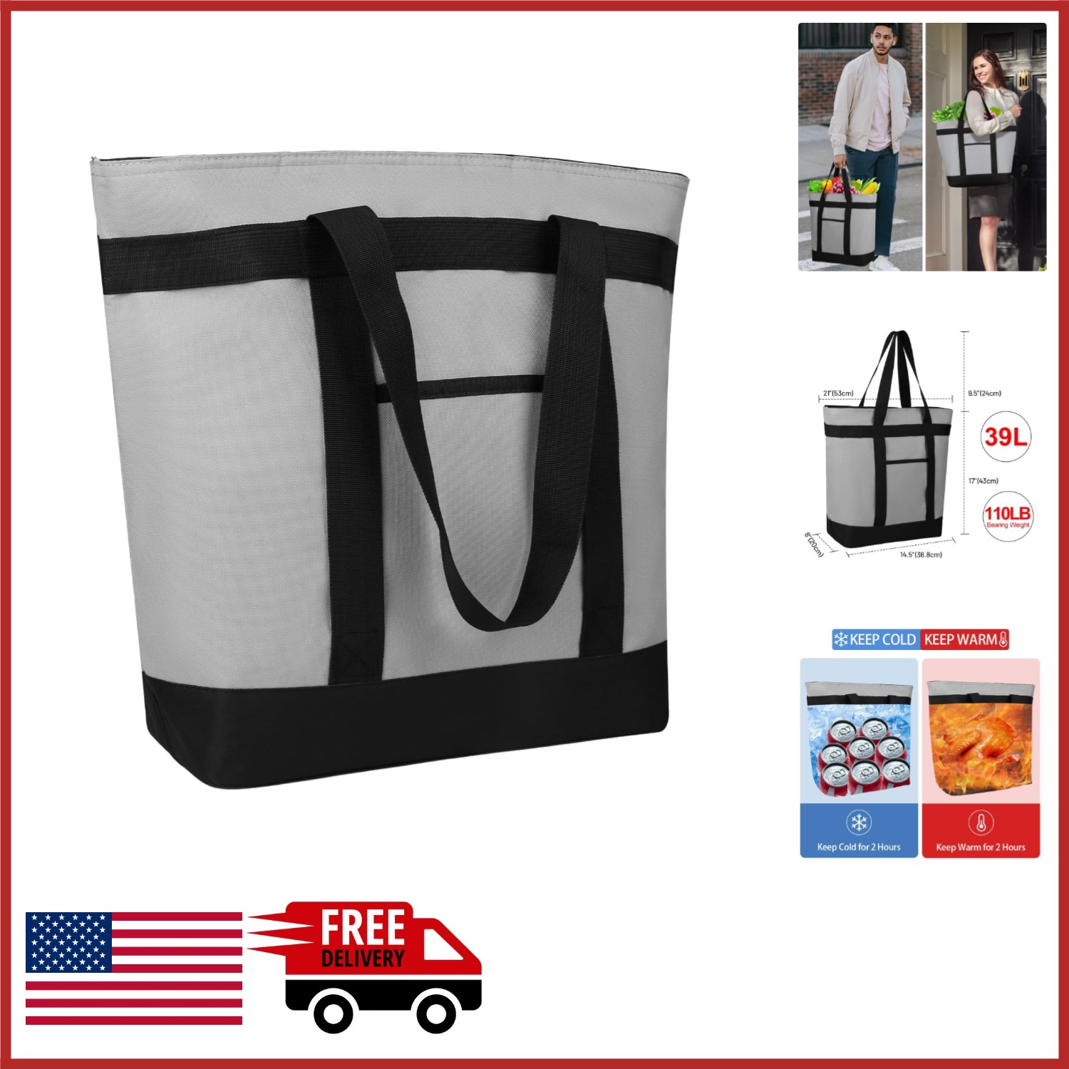Large Capacity Cooler Bag for Food Delivery Grey Insulated Tote for Travel