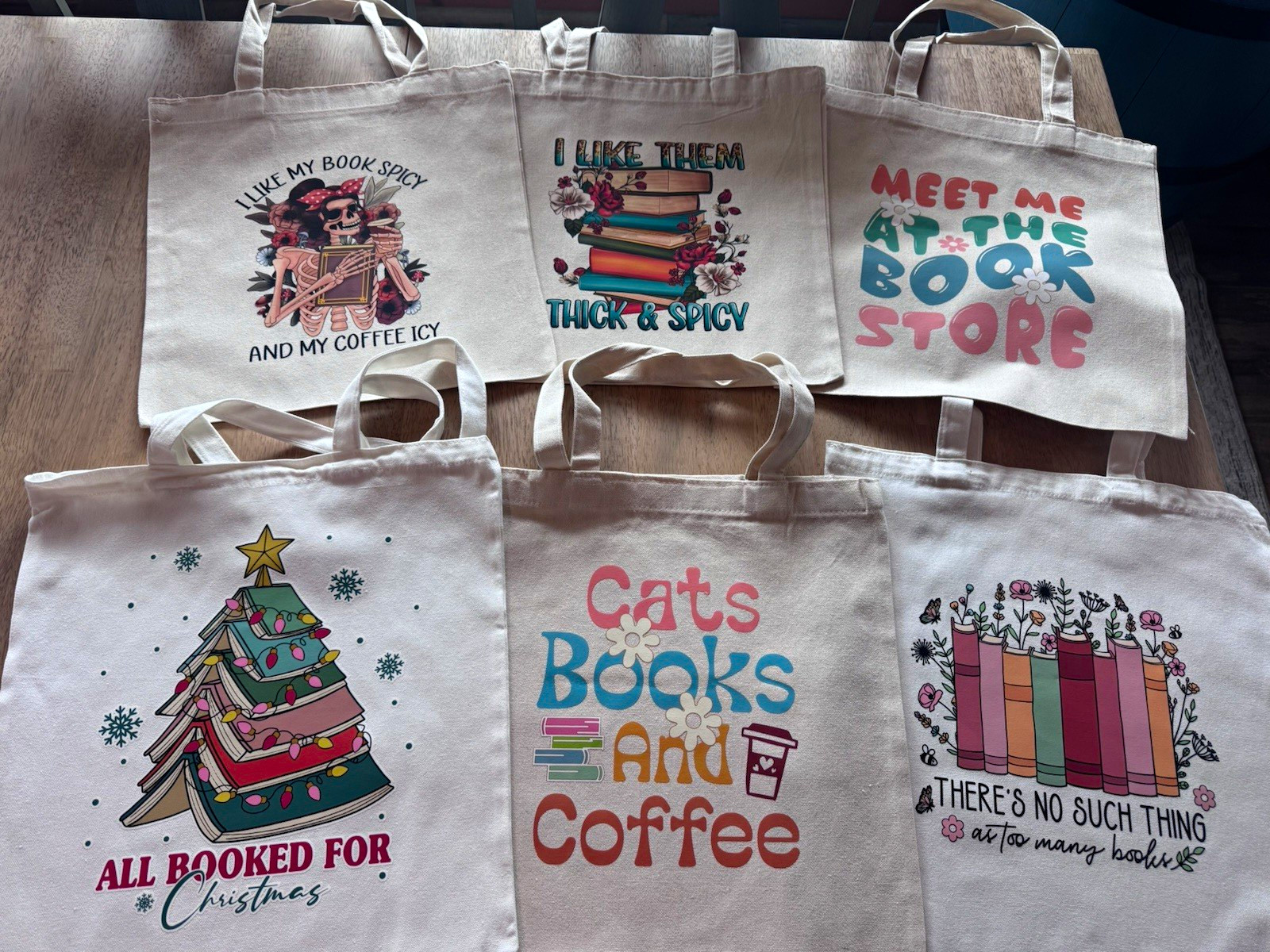 Reusable Canvas Tote Bag Lot of 6 Novelty Book lover Graphic Print 15.5×15