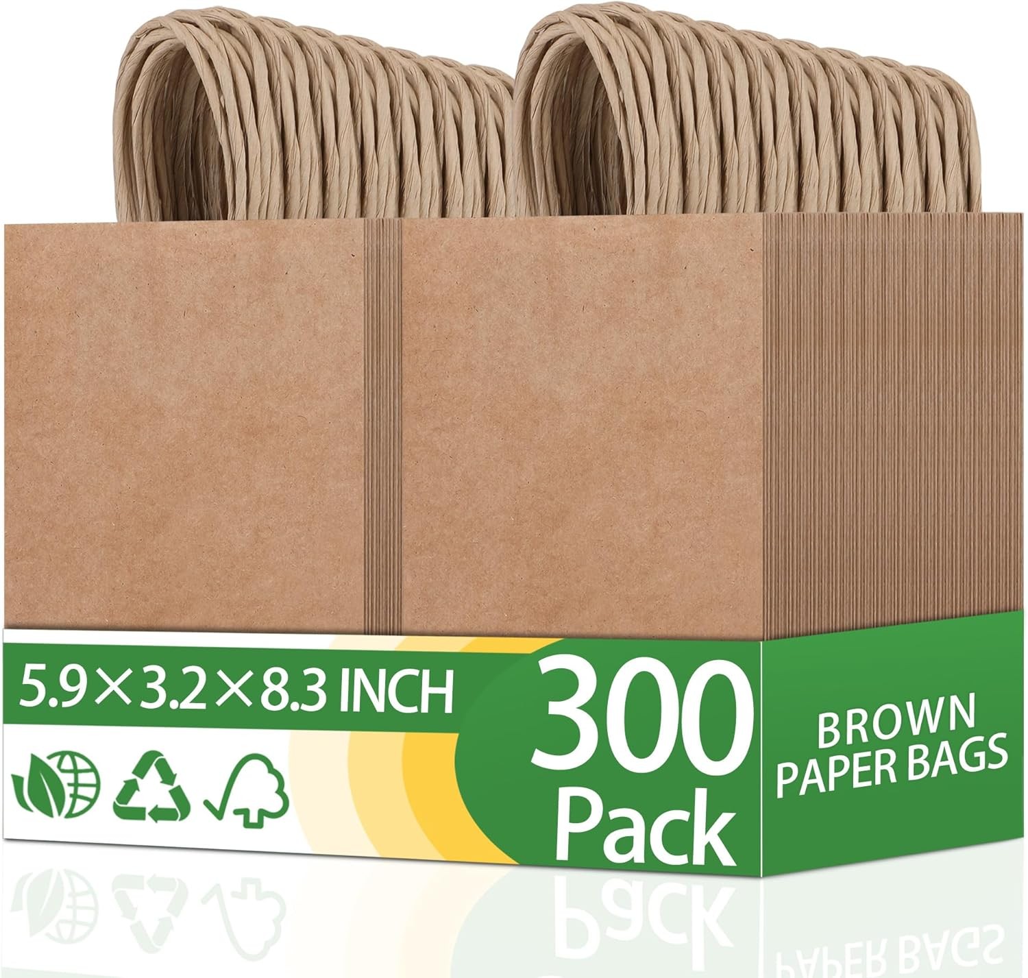 300 Pack 5.9×3.2×8.3 Inch Small Brown Paper Bags with Handles Bulk, Kraft Paper