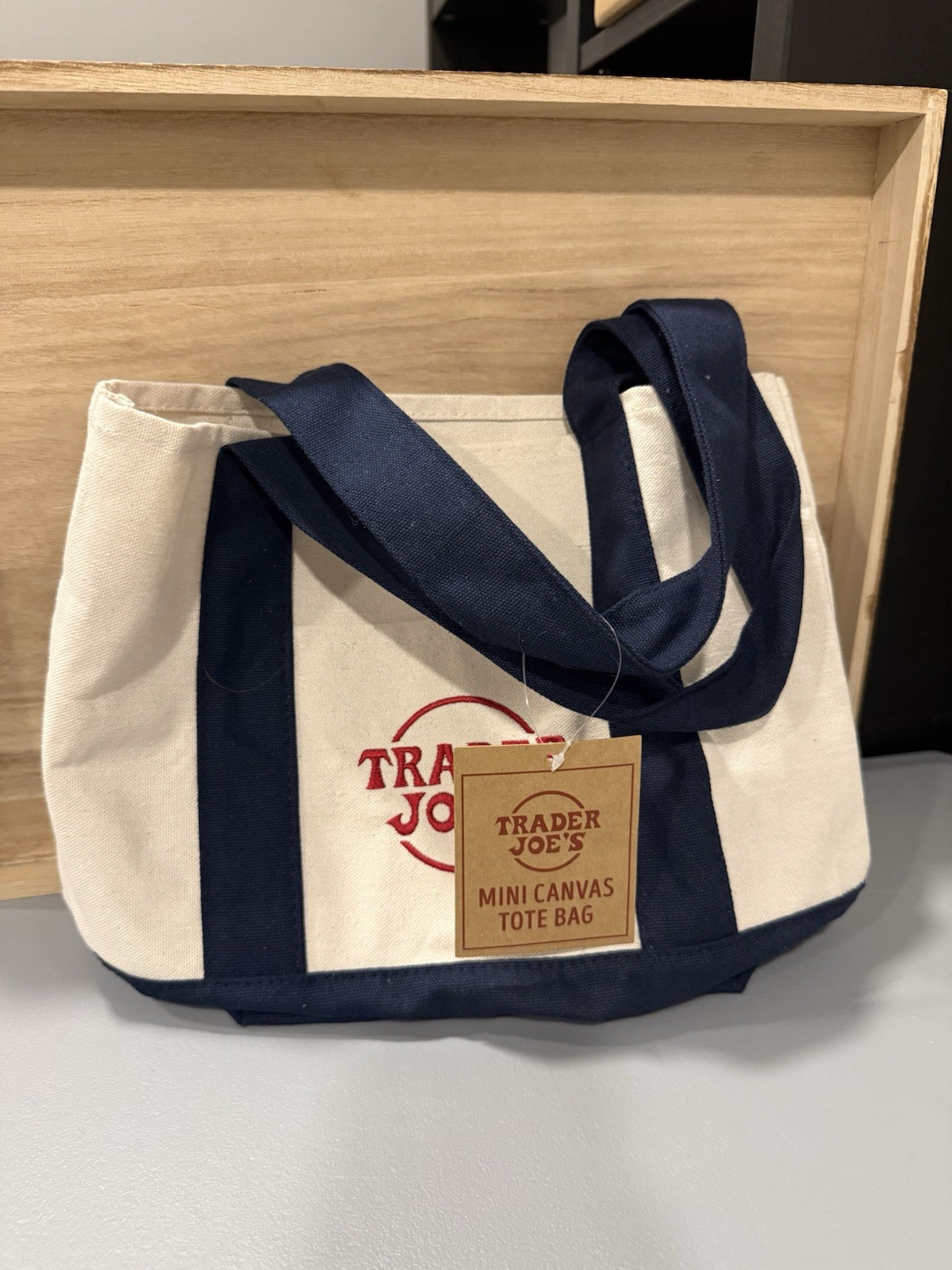 Trader Joe’s Mini Canvas Tote Bag Foldable Navy Blue Beige Small Solid