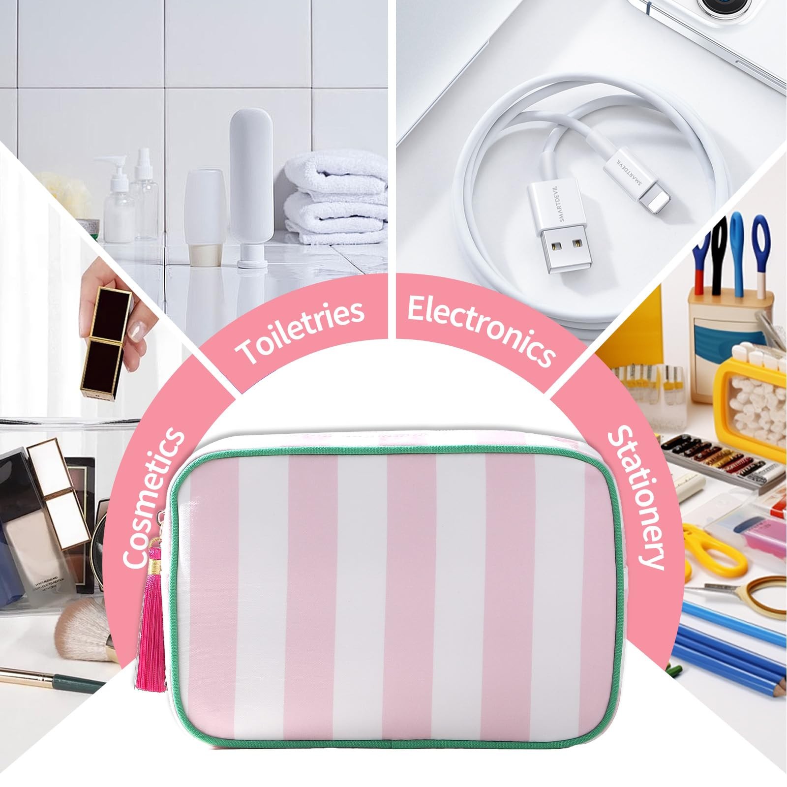 EMBRUNIOICE Stripe Makeup Bag Travel Cosmetic Organizer White & Pink