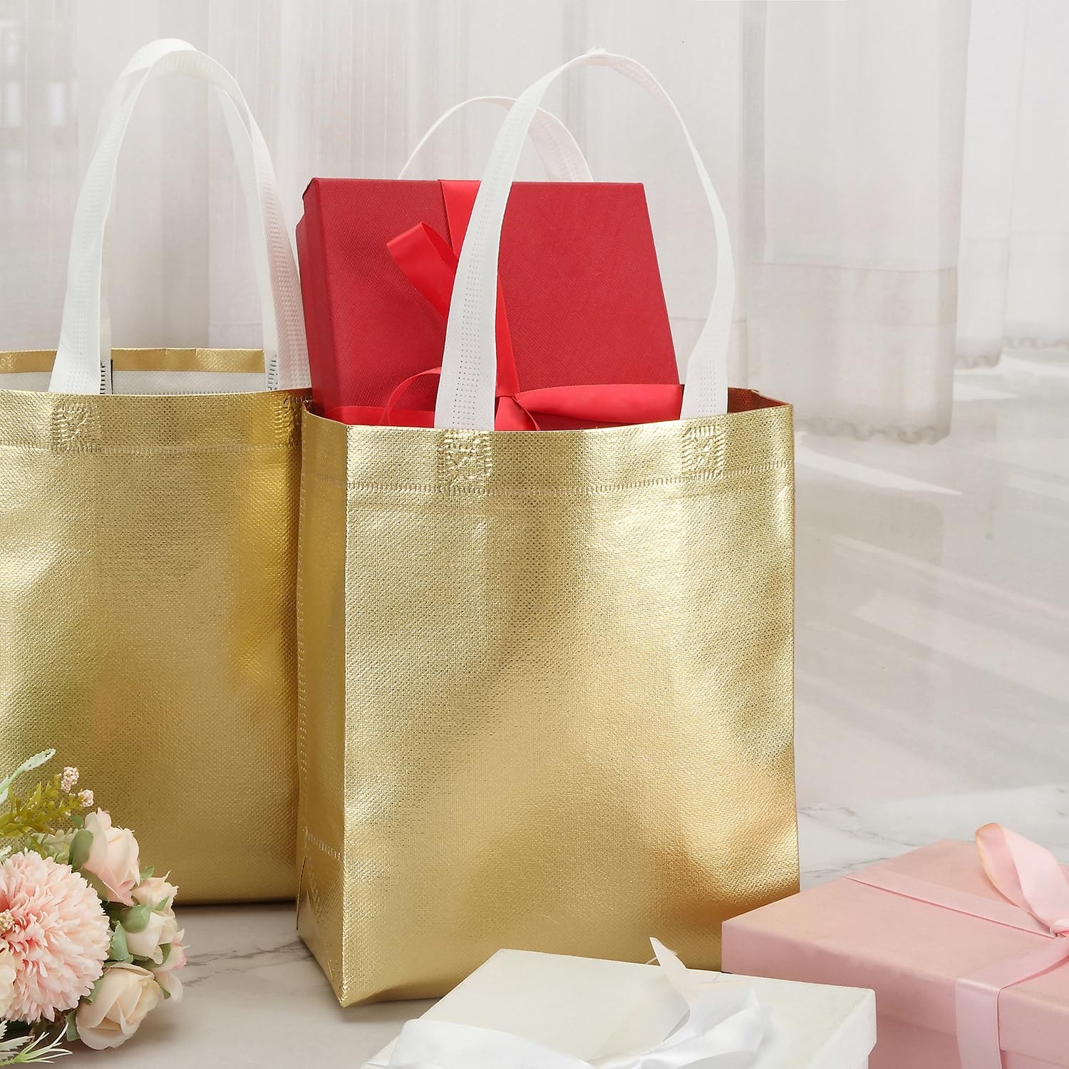 Tosnail 40 Pack 10 x 8 Inch Glossy Gold Reusable Grocery Bags Shopping Tote B…