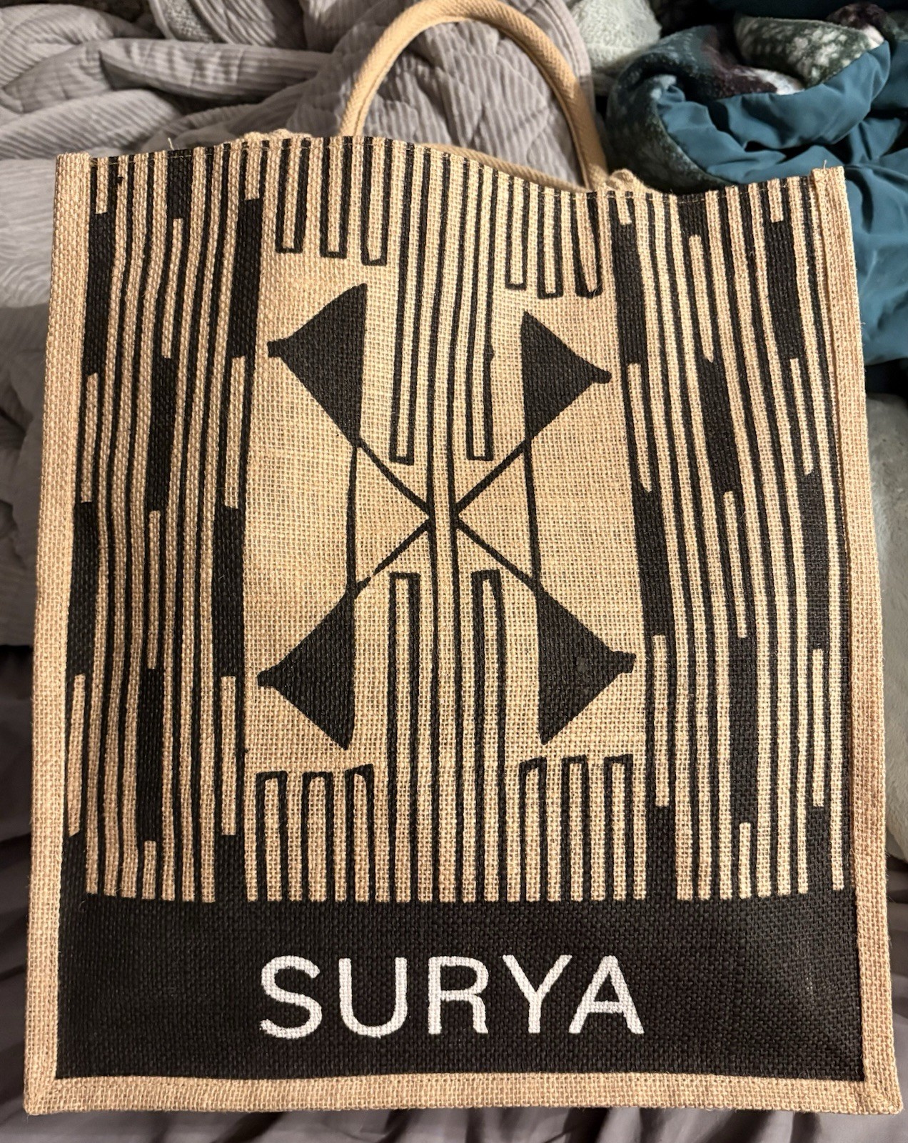 Surya Jute Reusable Shopping Tote Bag Foldable Geometric Beige Black