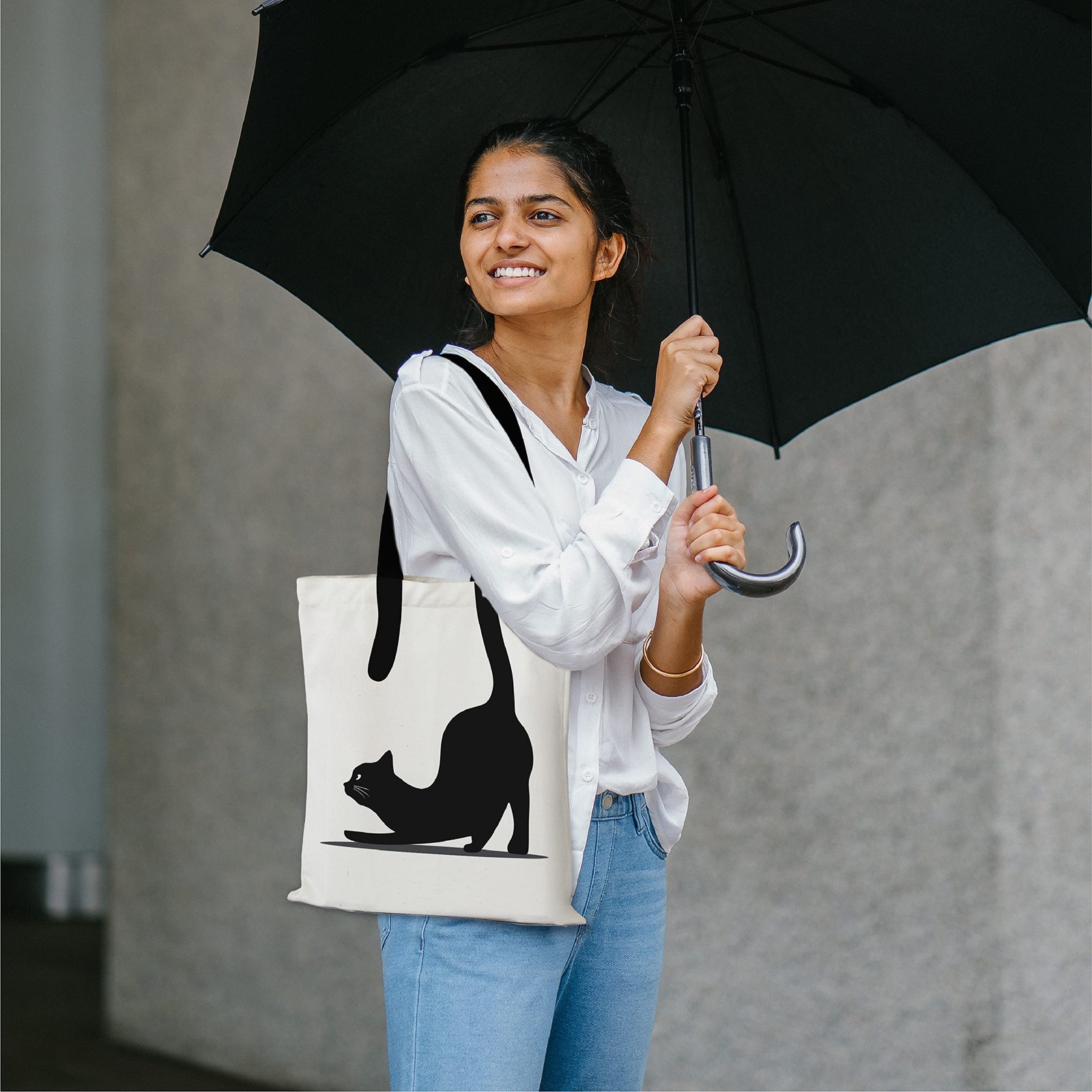 Set of 1 Cotton Silhouette Cat Design Tote Bag Extra Strong Zip Pocket