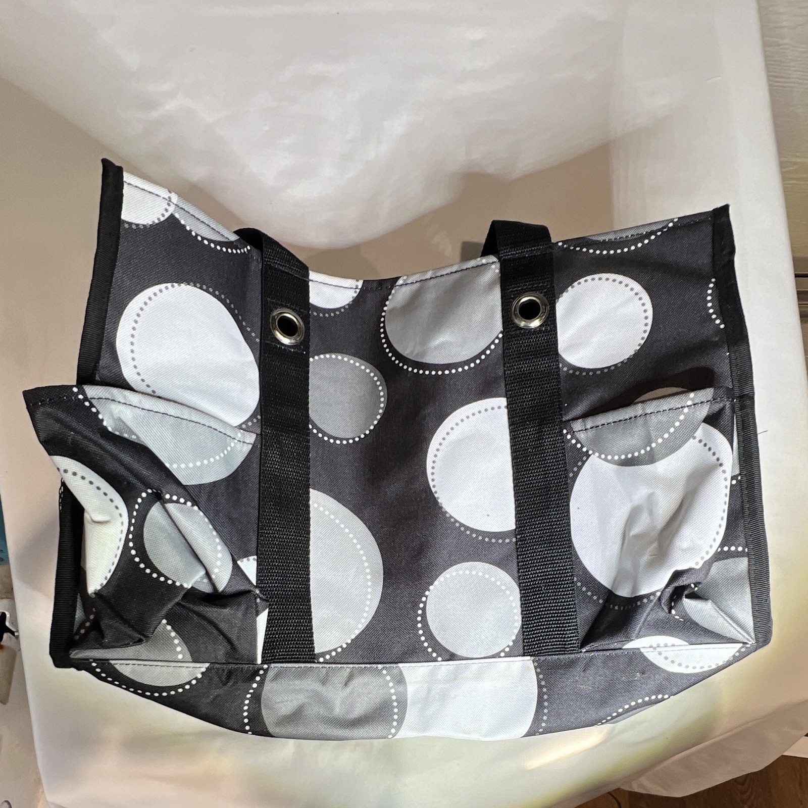 Thirty-One Reusable Shopping Bag Polka Dot Black Gray White Mesh Pocket 15 qt