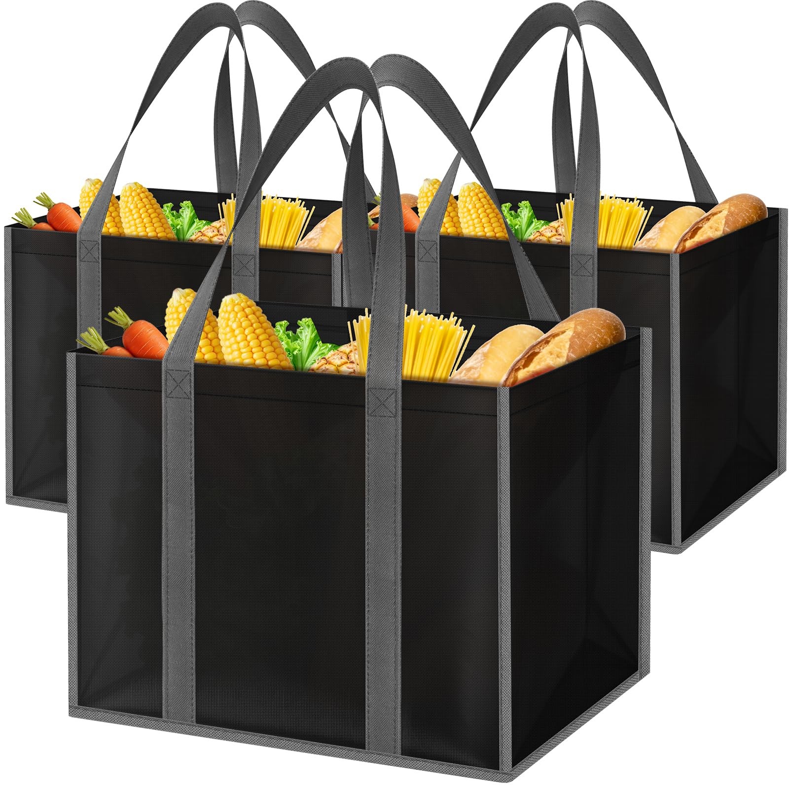 SpaceWhisper Reusable Grocery Bags with Long Handles [3 Pack] – 3 Pack, Black