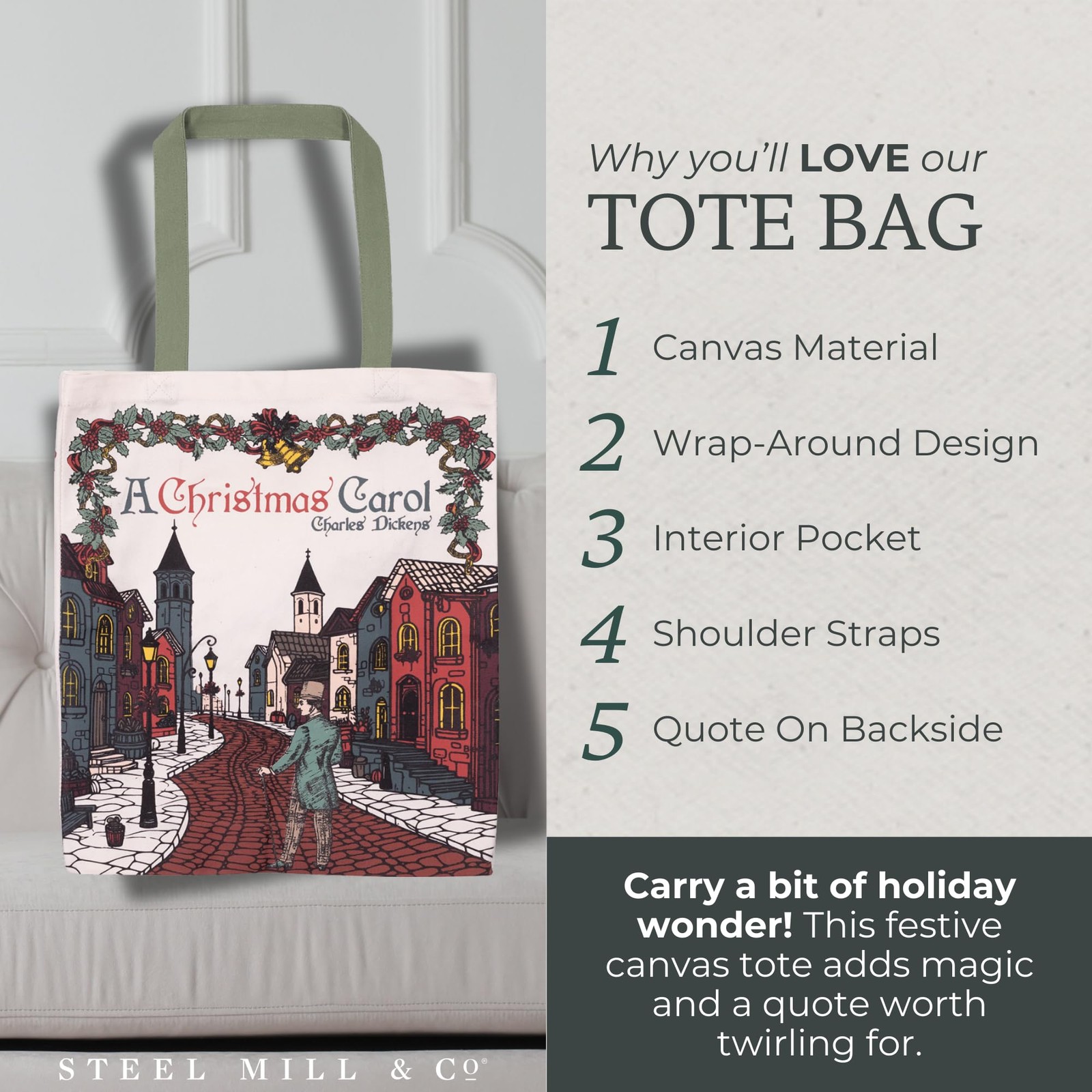 Steel Mill & Co Holiday Canvas Tote Bag for Book Lovers, Bookish Reusable/Fol…
