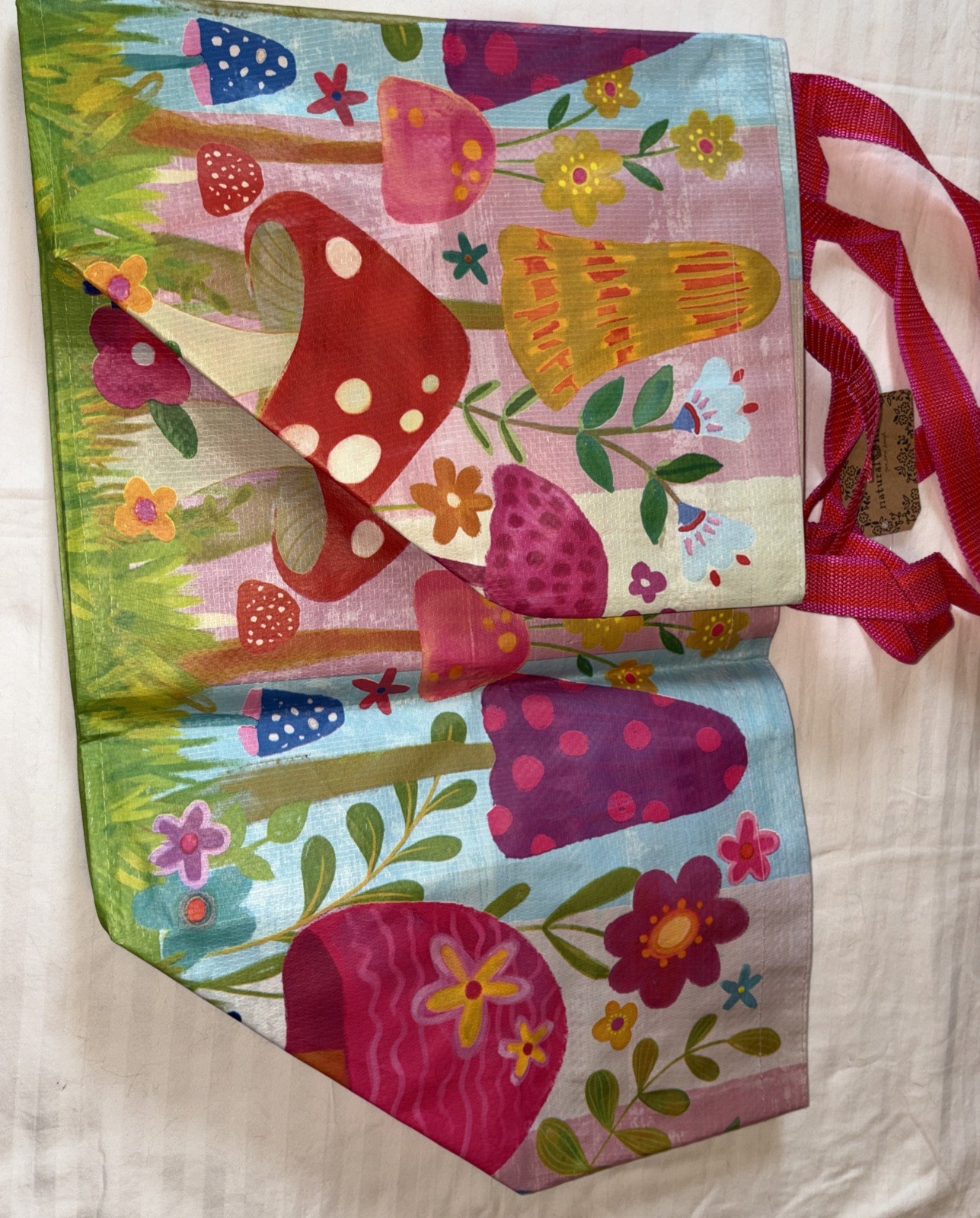 NATURAL LIFE Mushrooms Flowers Colors Boho XL Reusable Tote Bag Live Happy NWT