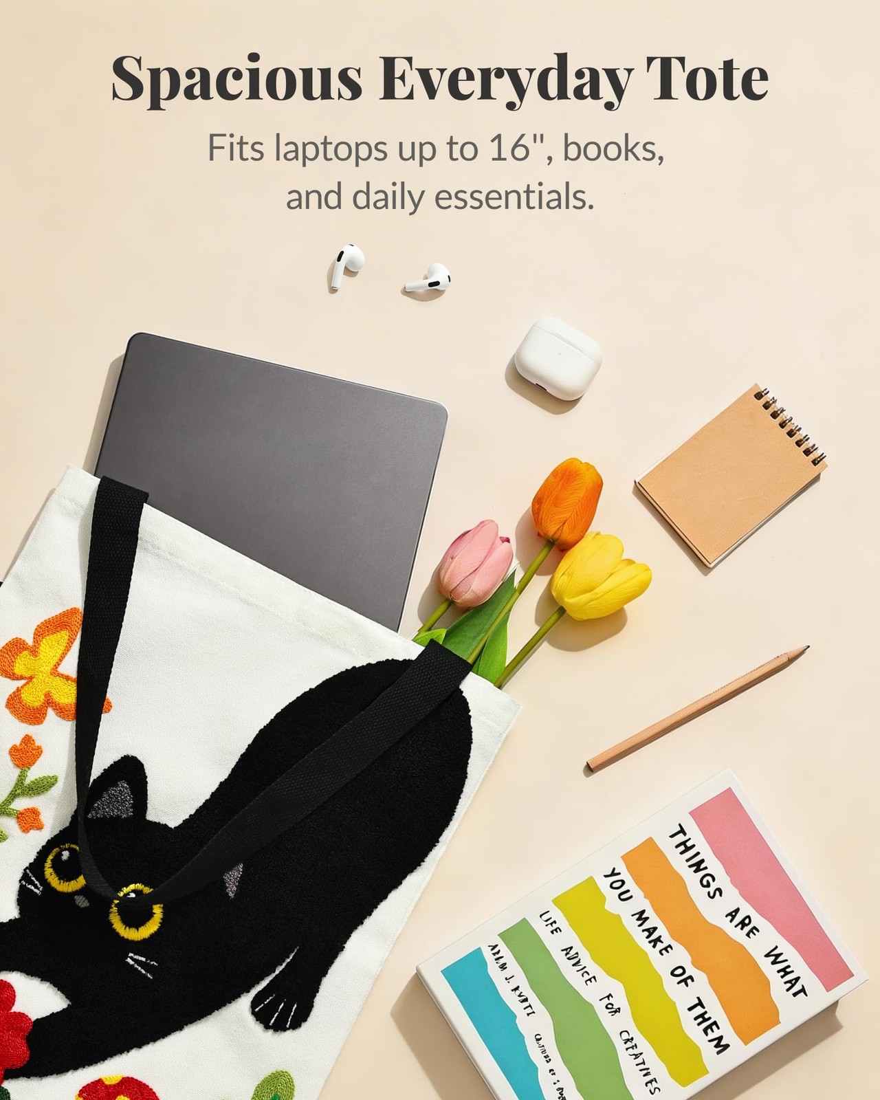 Embroidered Cat Canvas Tote Bag for Women – Cute 3D Black Cat & Flowers Reusa…