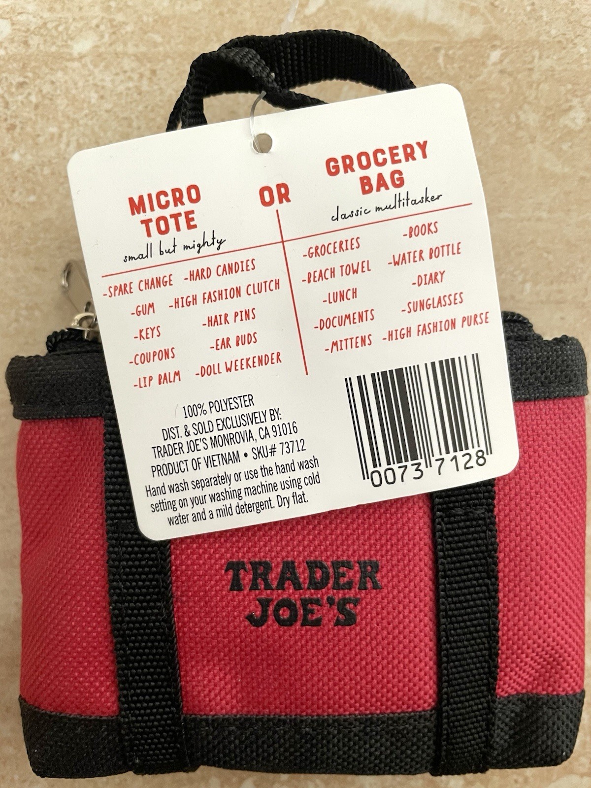 Trader Joes Micro Tote With Grocery Bag 2 In 1 DISCONTINUED Red With Black