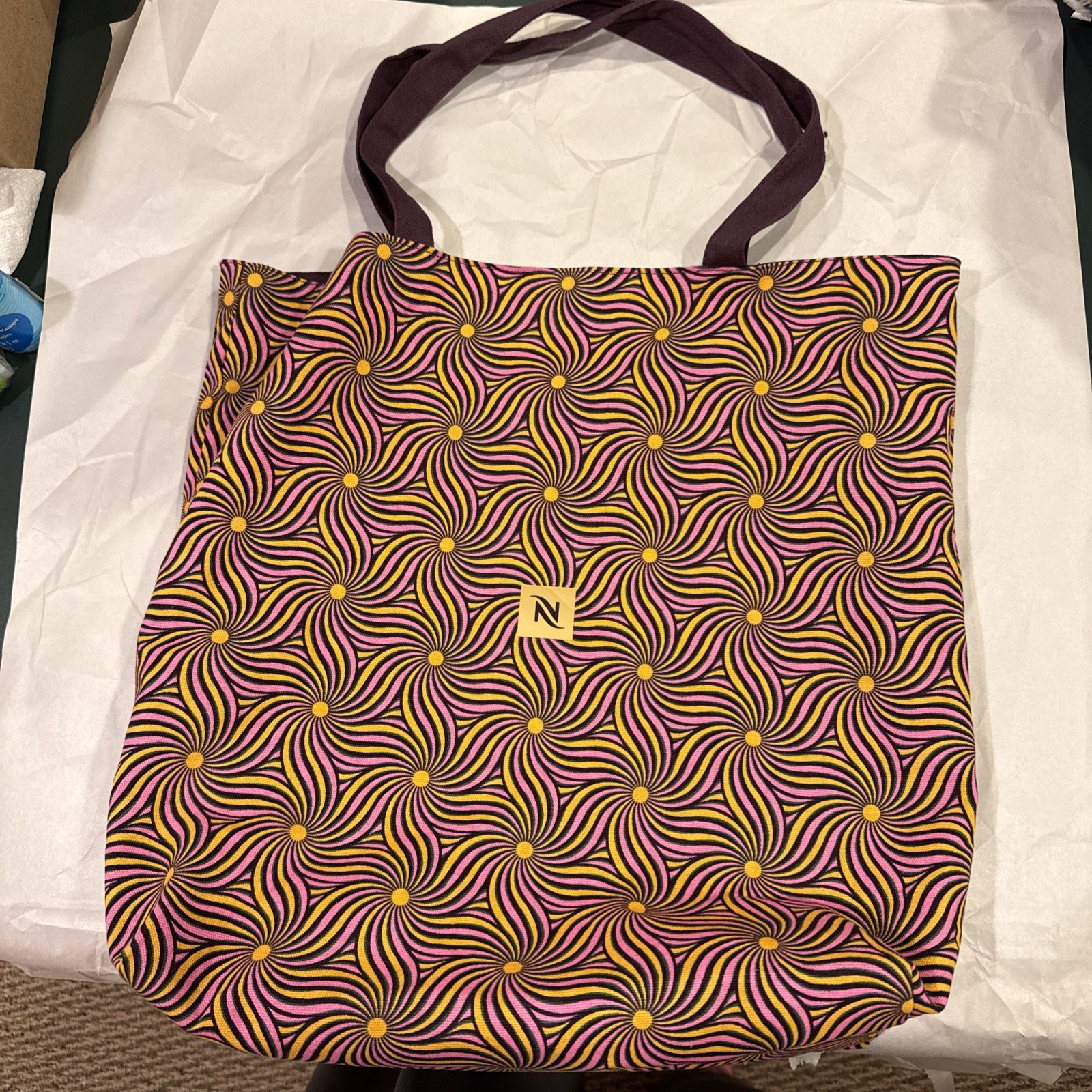 Nespresso Upcycled Canvas Tote Bag New, Reversible Pink, brown, yellow, purple