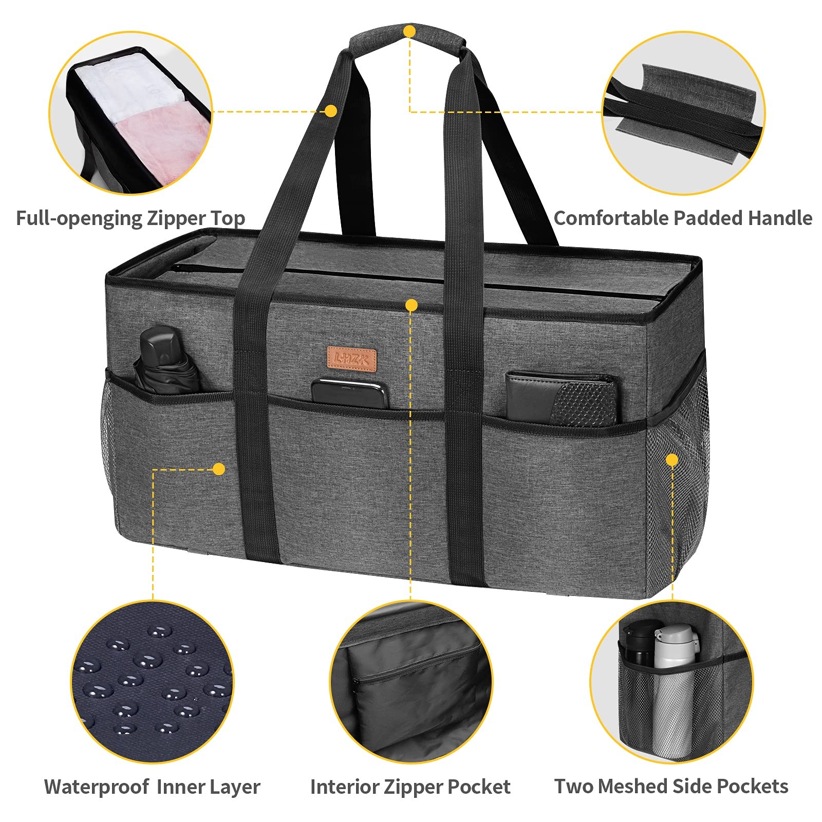 LHZK Stand Up Extra Large Utility Tote Bag with Lid, Utility Tote Bag with Me…