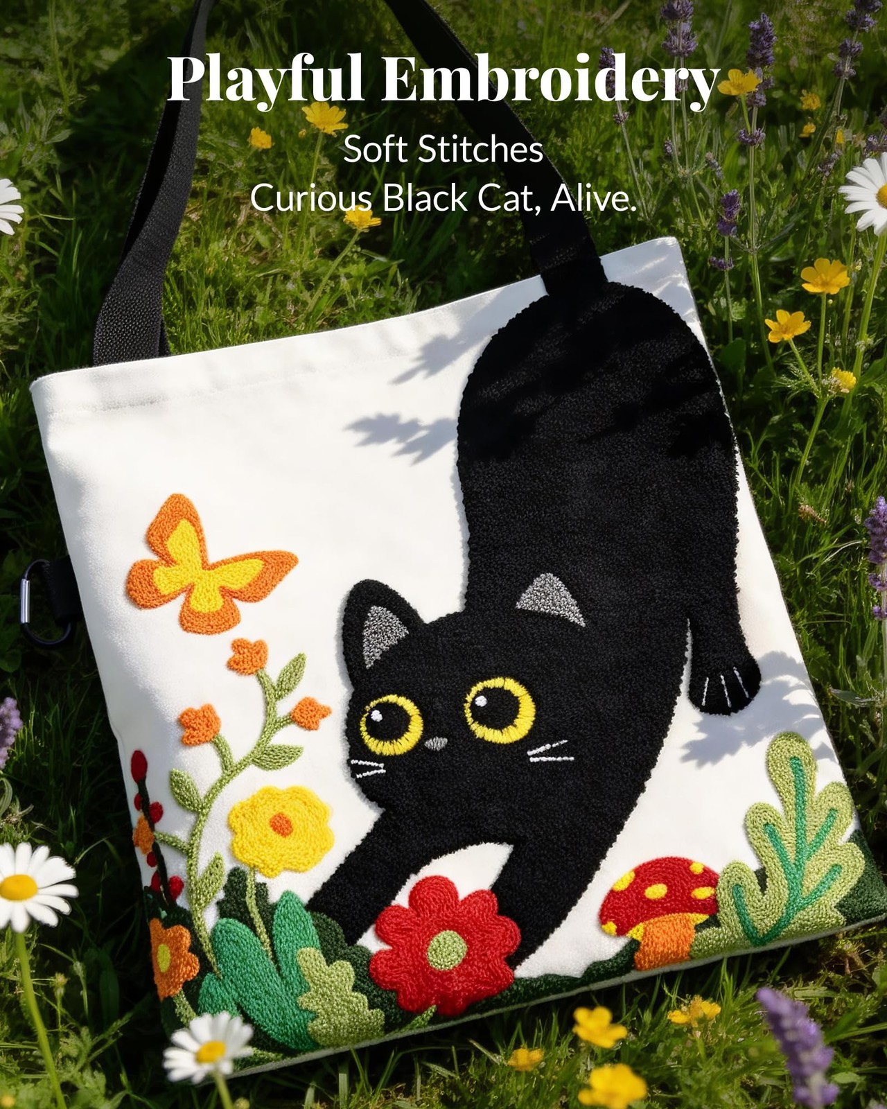 Embroidered Cat Canvas Tote Bag for Women – Cute 3D Black Cat & Flowers Reusa…